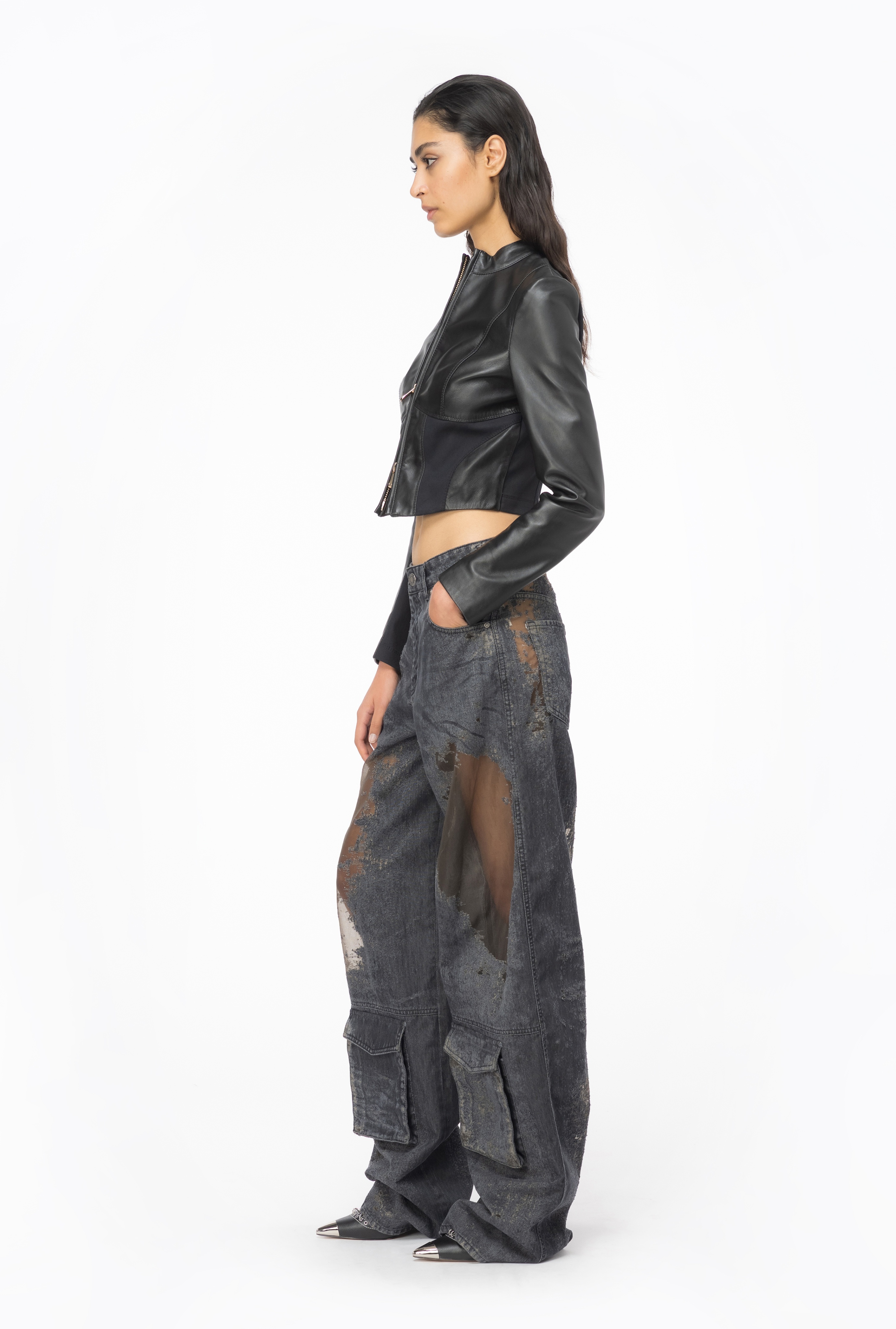 SHORT LEATHER AND FABRIC BIKER JACKET - 4