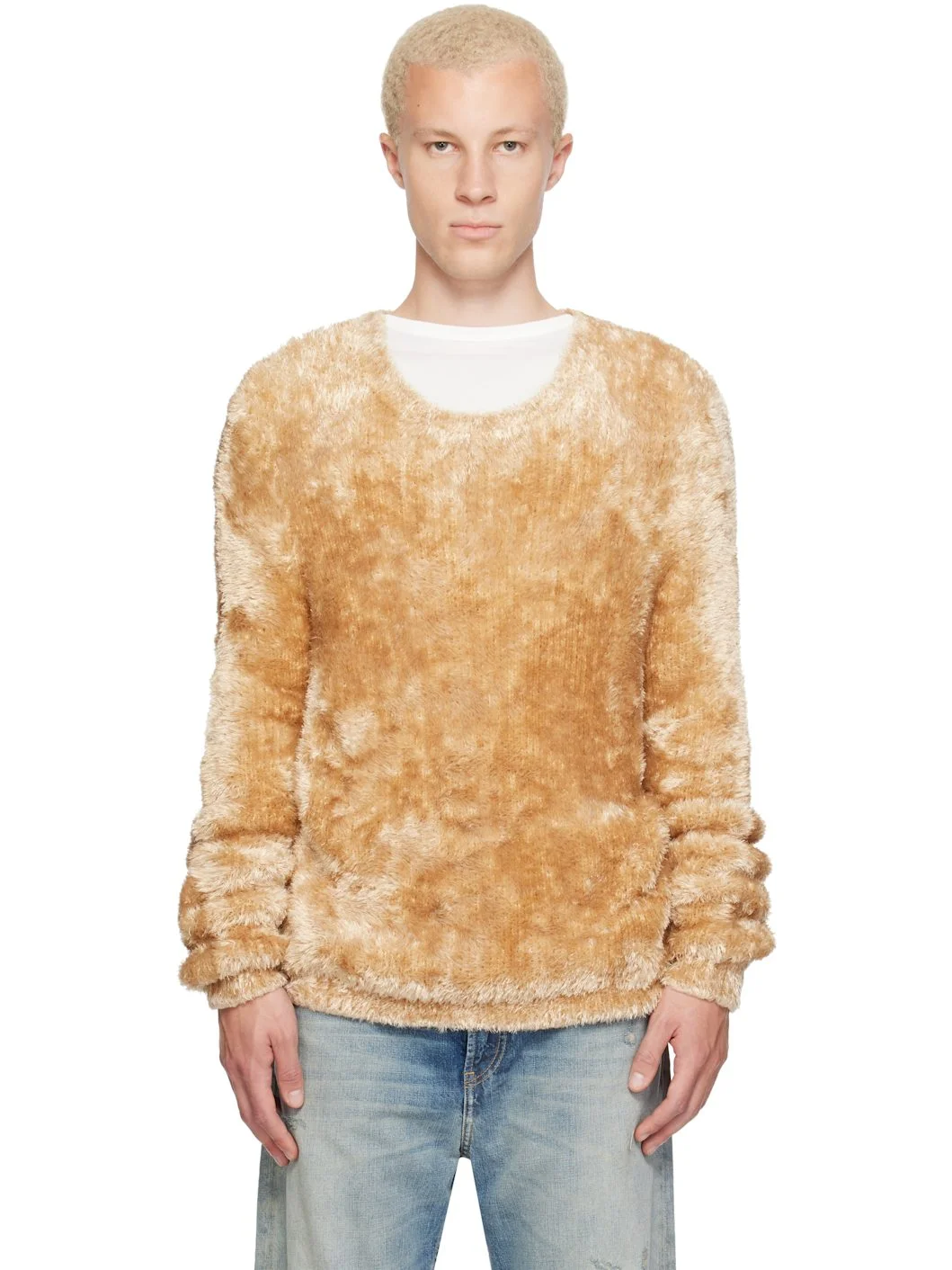 Beige Wild Fluffy Knit Crewneck Sweater - 1