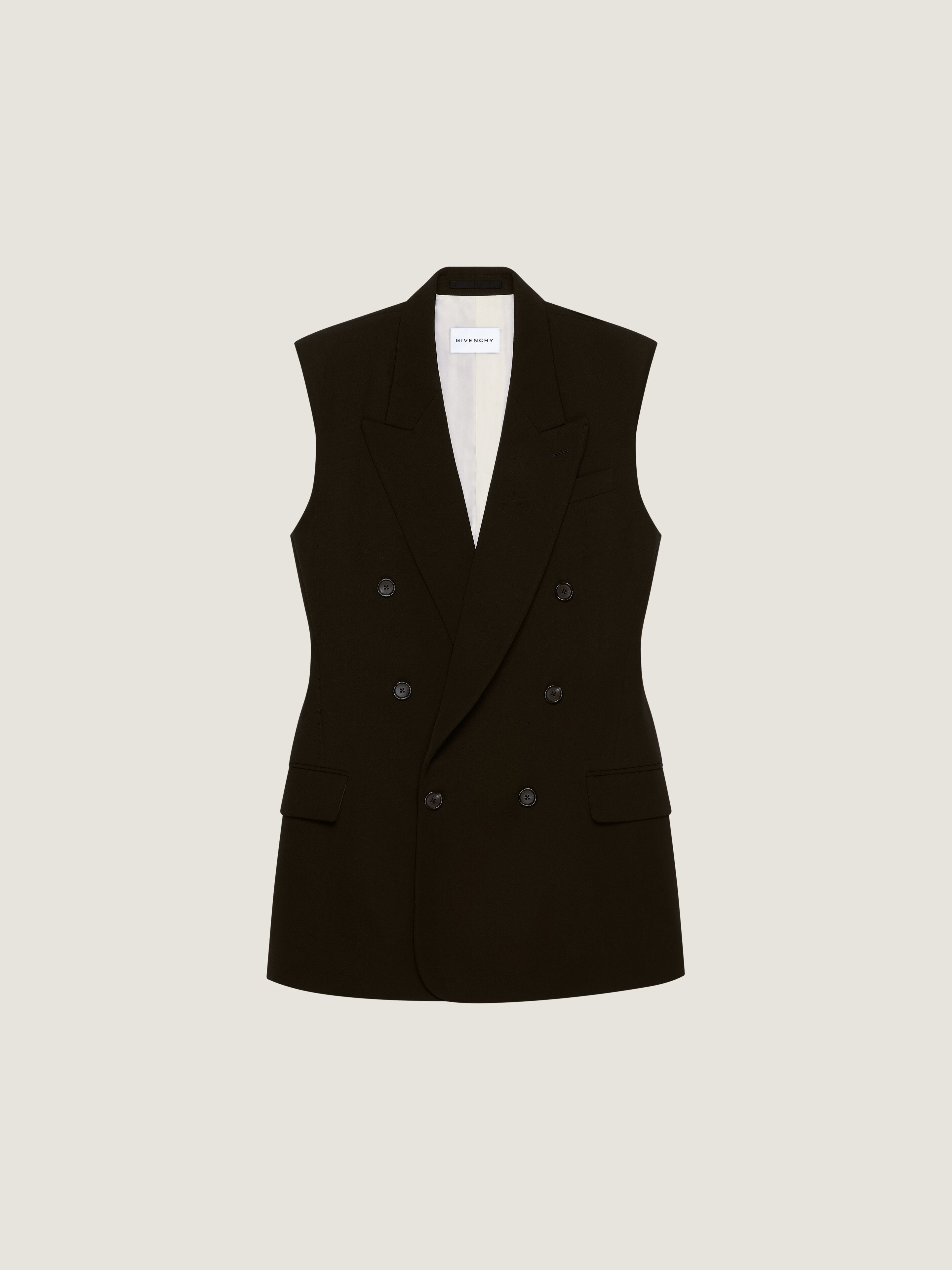 DOUBLE BREASTED SLEEVELESS JACKET IN WOOL TWILL - 1