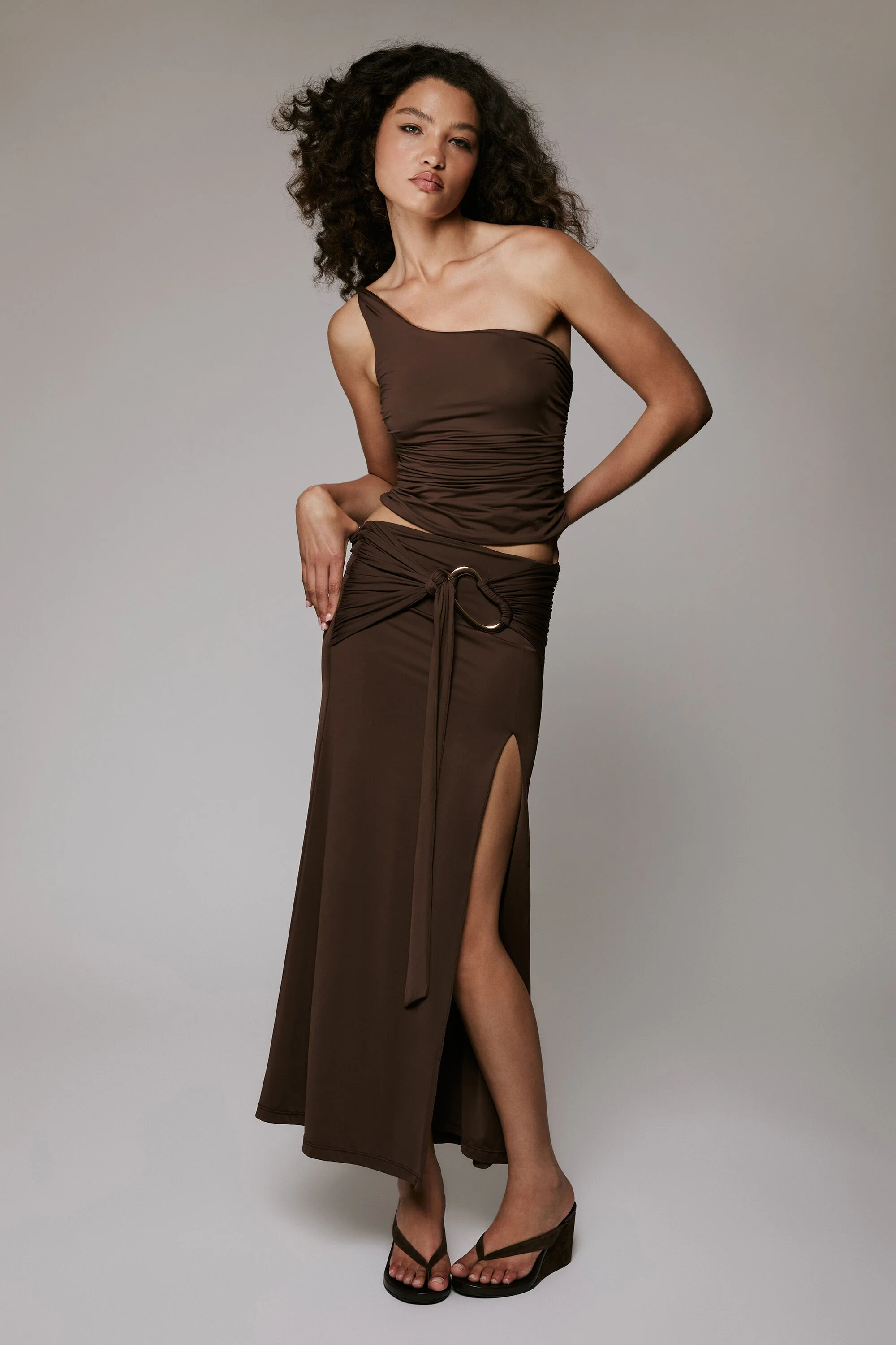 Dion Gold Detail Midi Skirt In Chocolate - 1