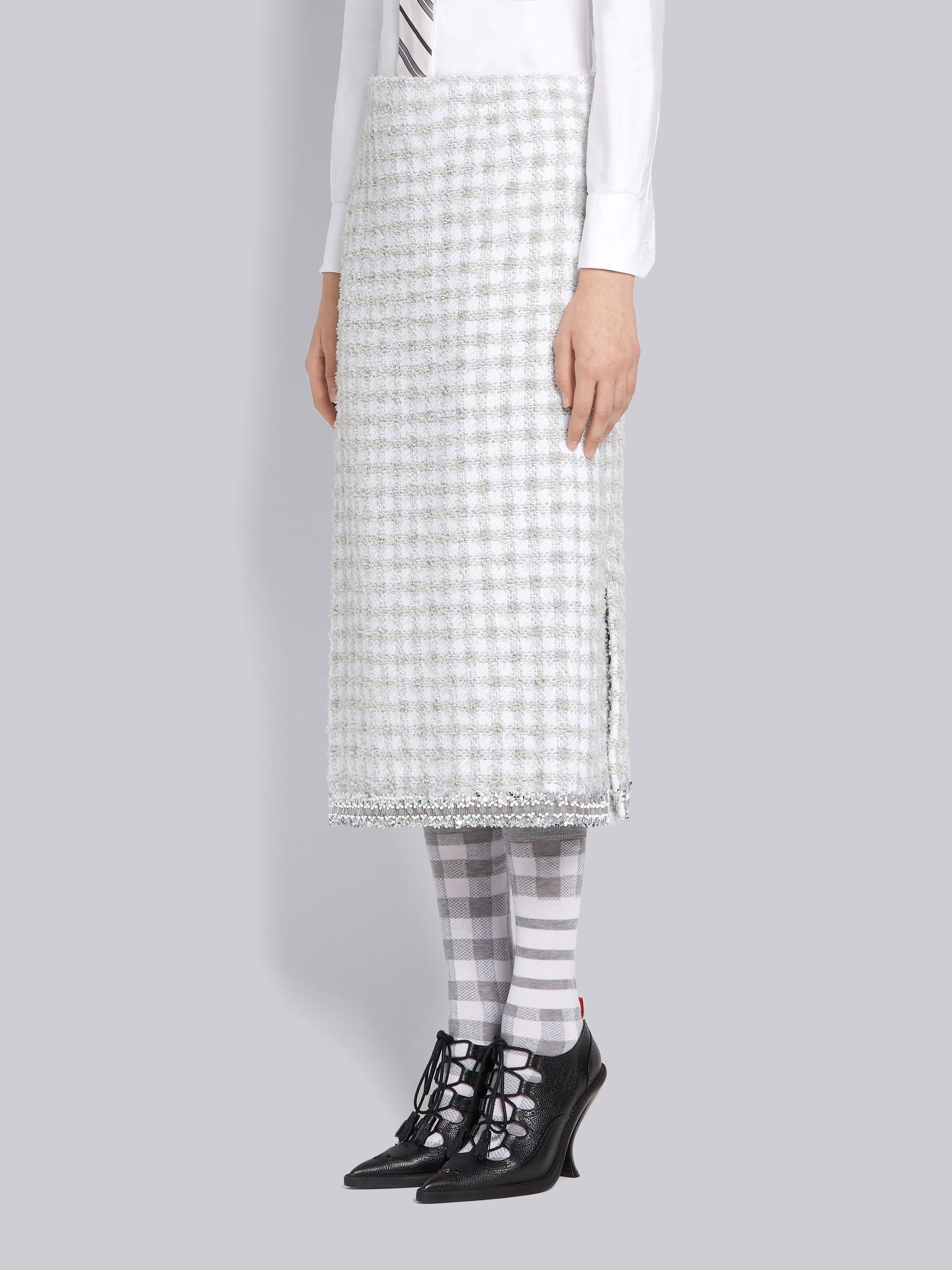 Light Grey Cotton Gingham Eyelash Tweed Below Knee Pencil Skirt - 2