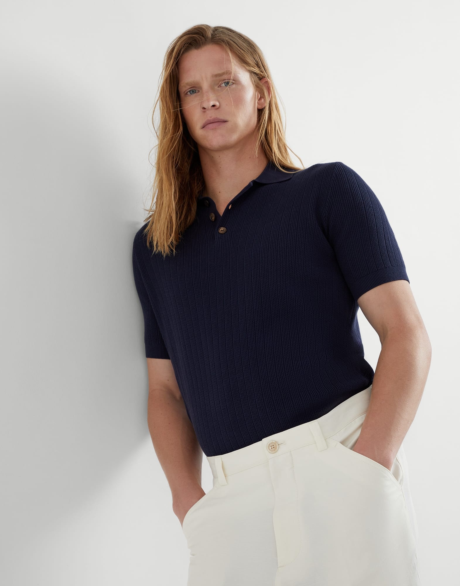 Cotton wide rib knit polo shirt - 4