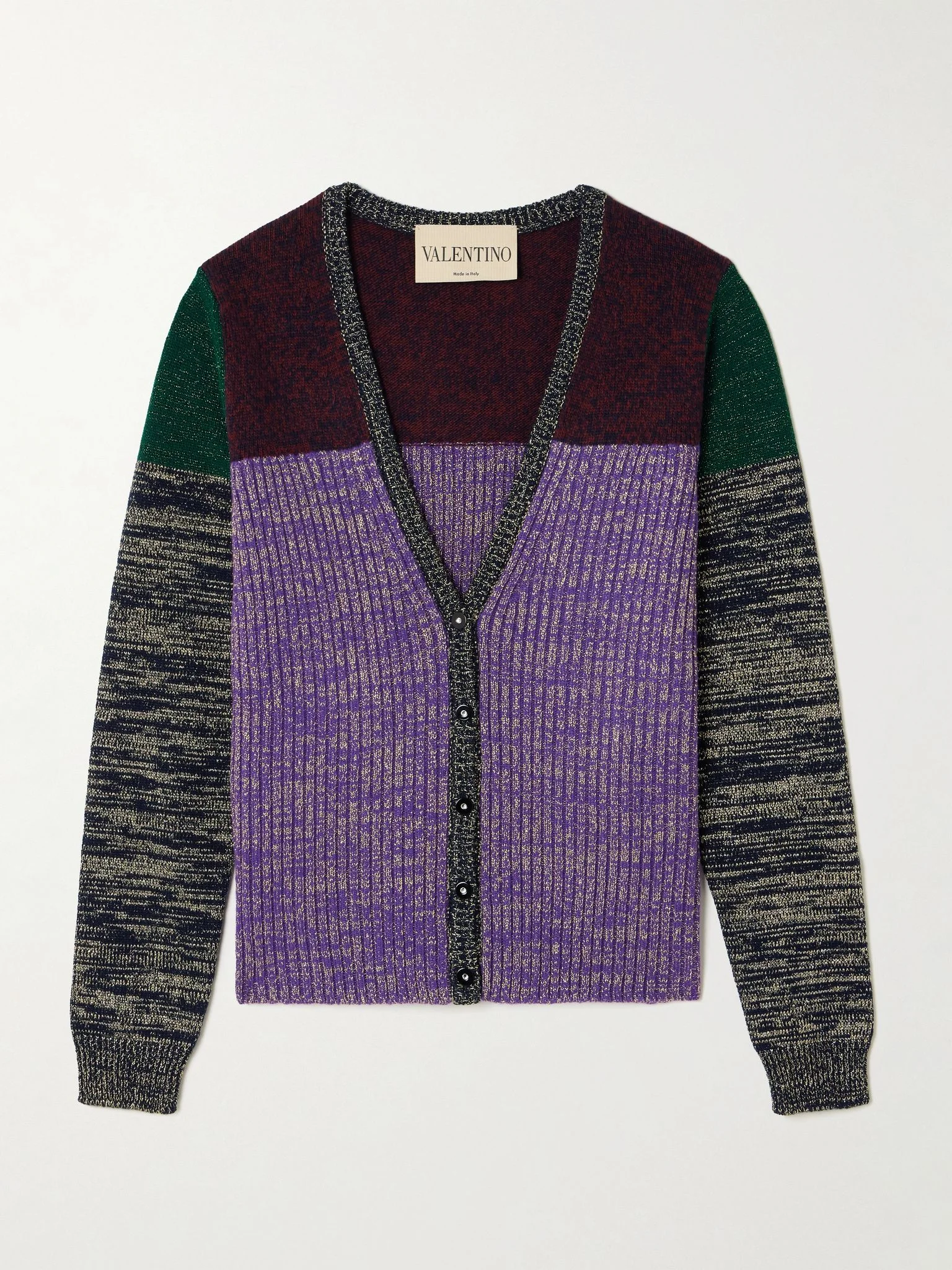 Color-block metallic ribbed wool-blend cardigan Purple - 1