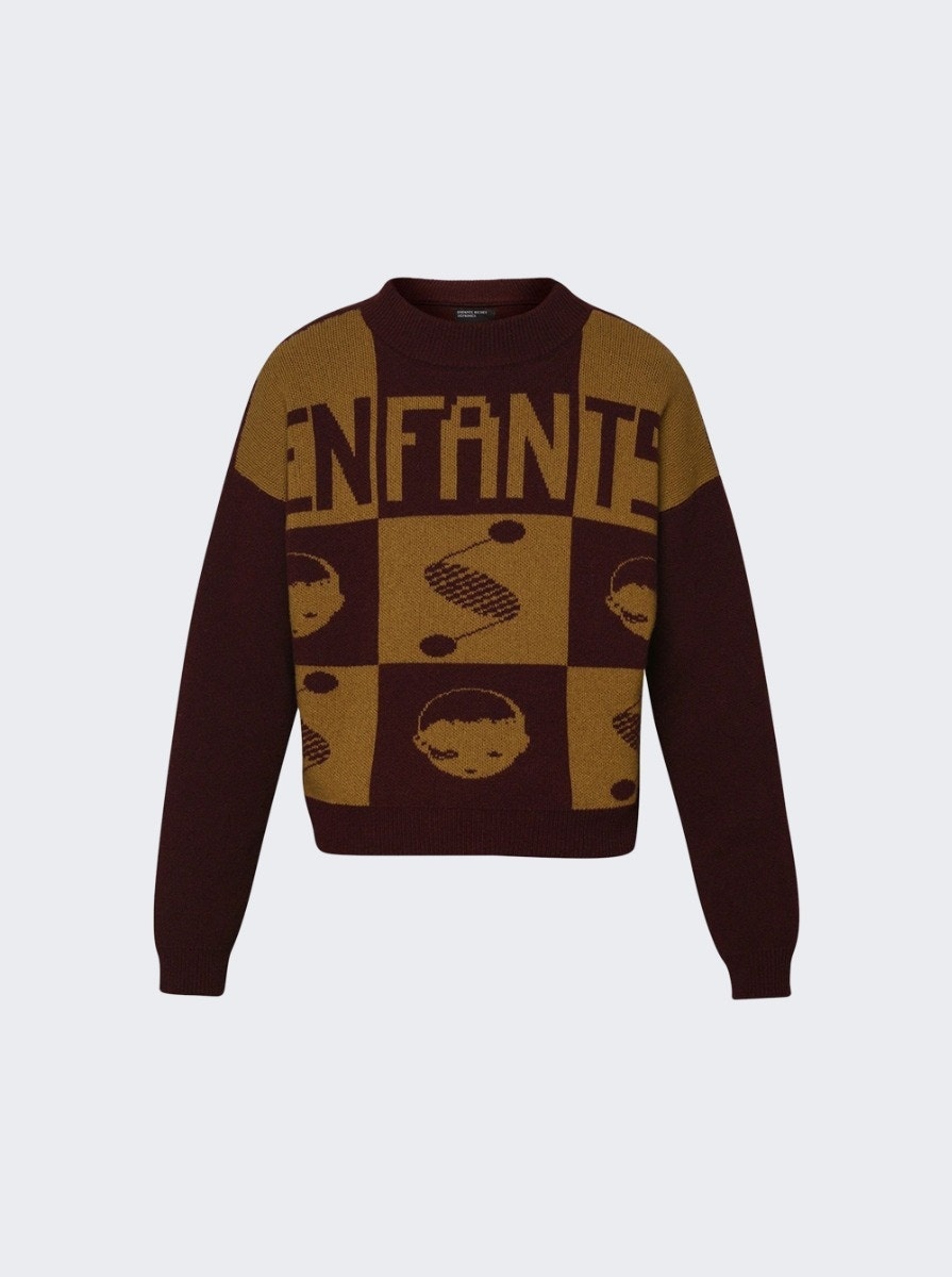 Enfants Logo Check Sweater Burgundy And Mustard - 3