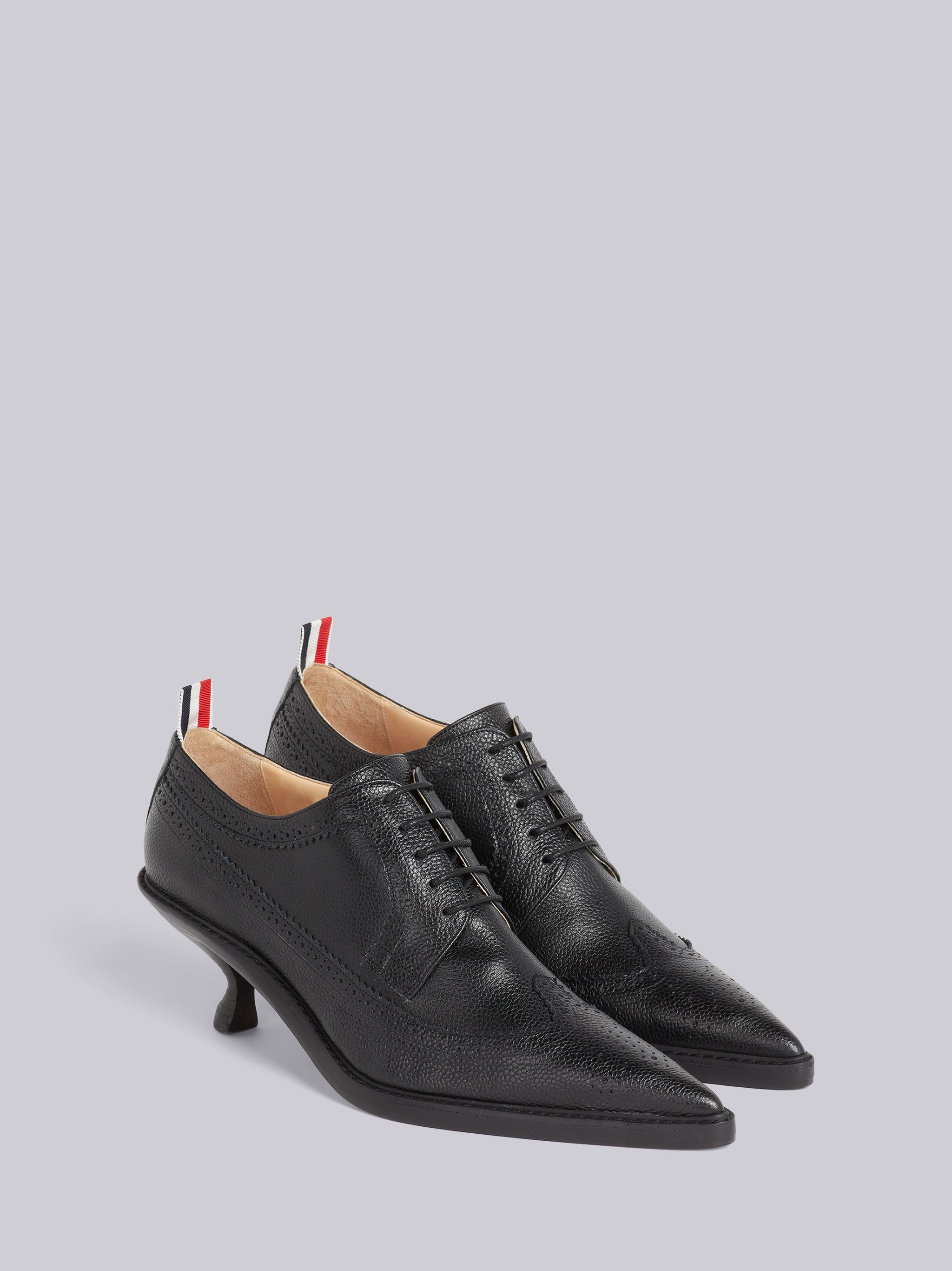 Black Pebble Grain Leather 50mm Curved Heel Longwing Brogue - 3