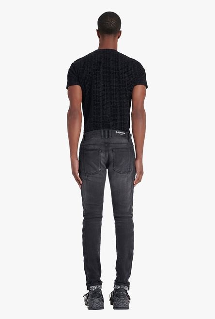 Slim cut faded and ridged black cotton jeans with Balmain monogram on hem - 3