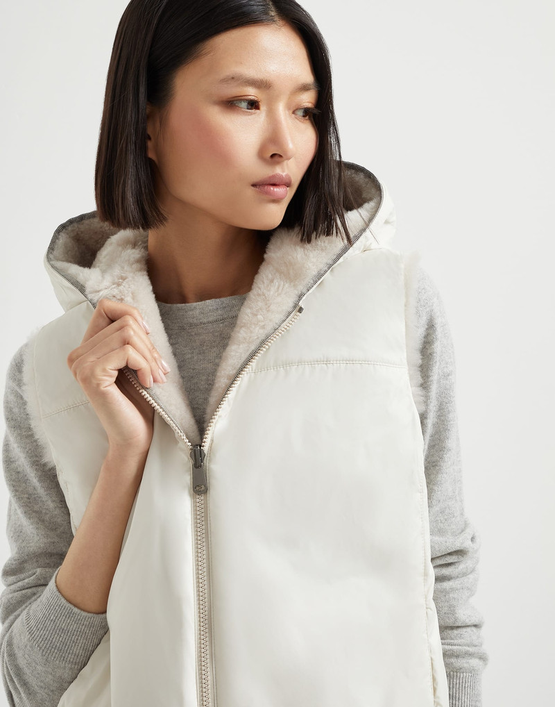 Cashmere shearling reversible hooded vest with precious trim 3