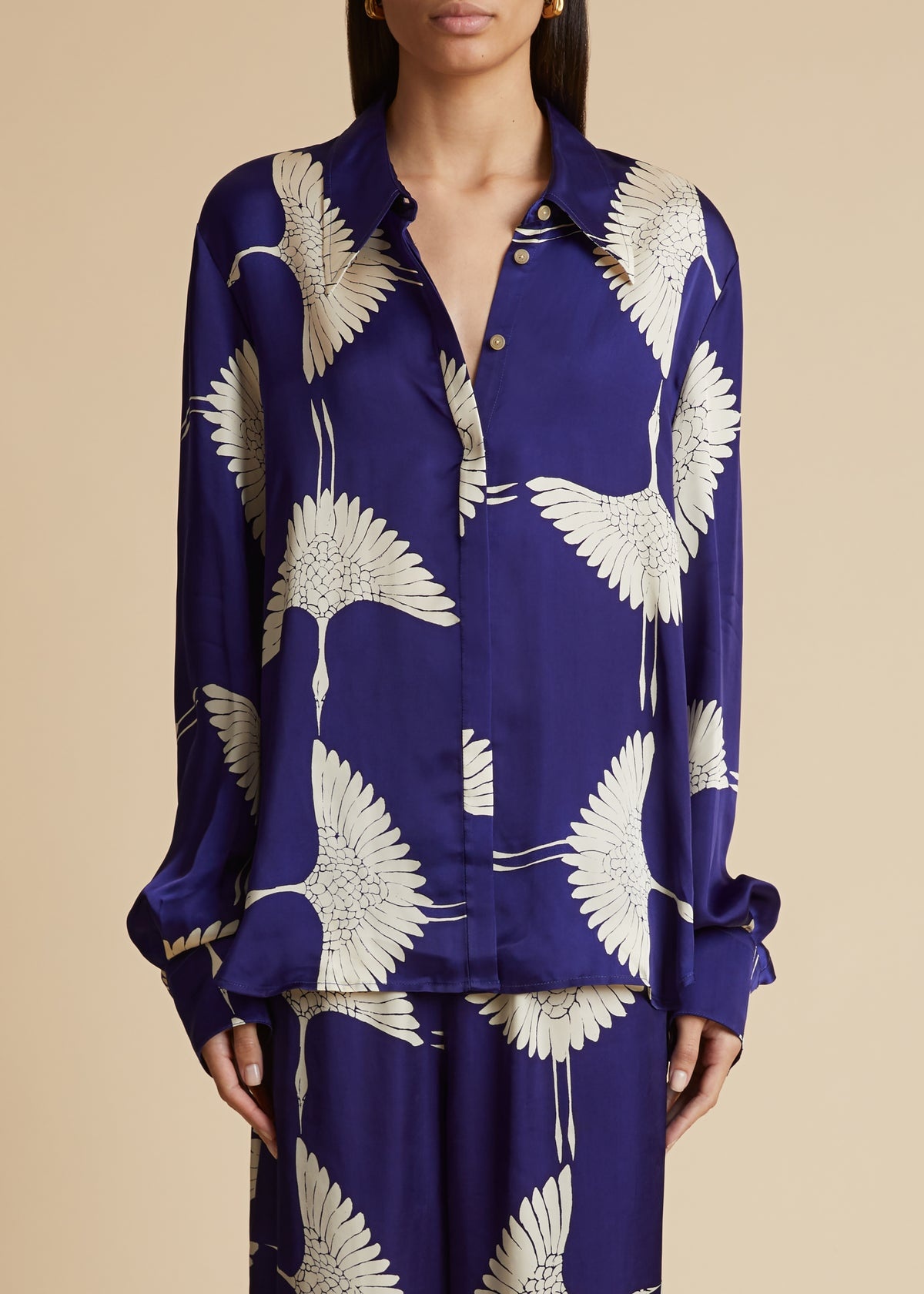 KHAITE The Minta Top in Cobalt and Cream Crane Print
