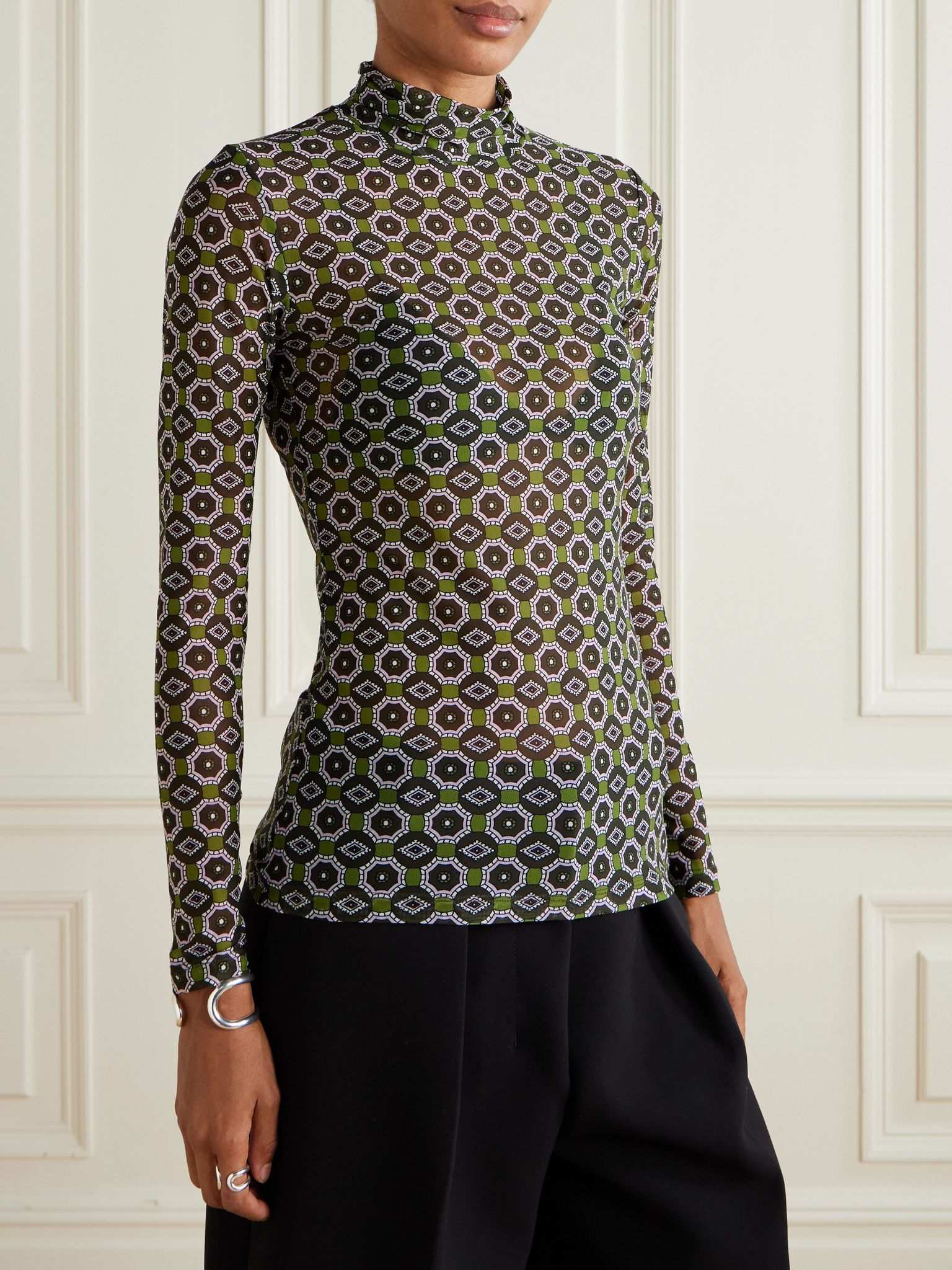 Printed stretch-mesh turtleneck top Green - 3