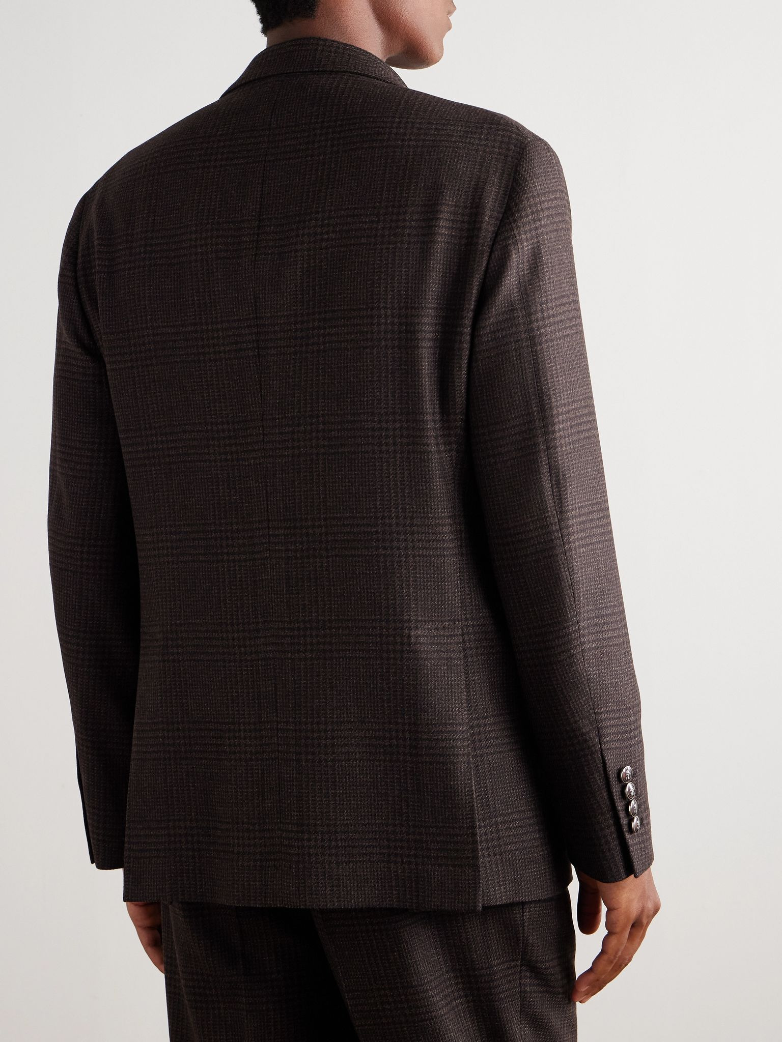 Prince of Wales Checked Cashmere, Wool and Silk-Blend Suit Jacket Brown - 3