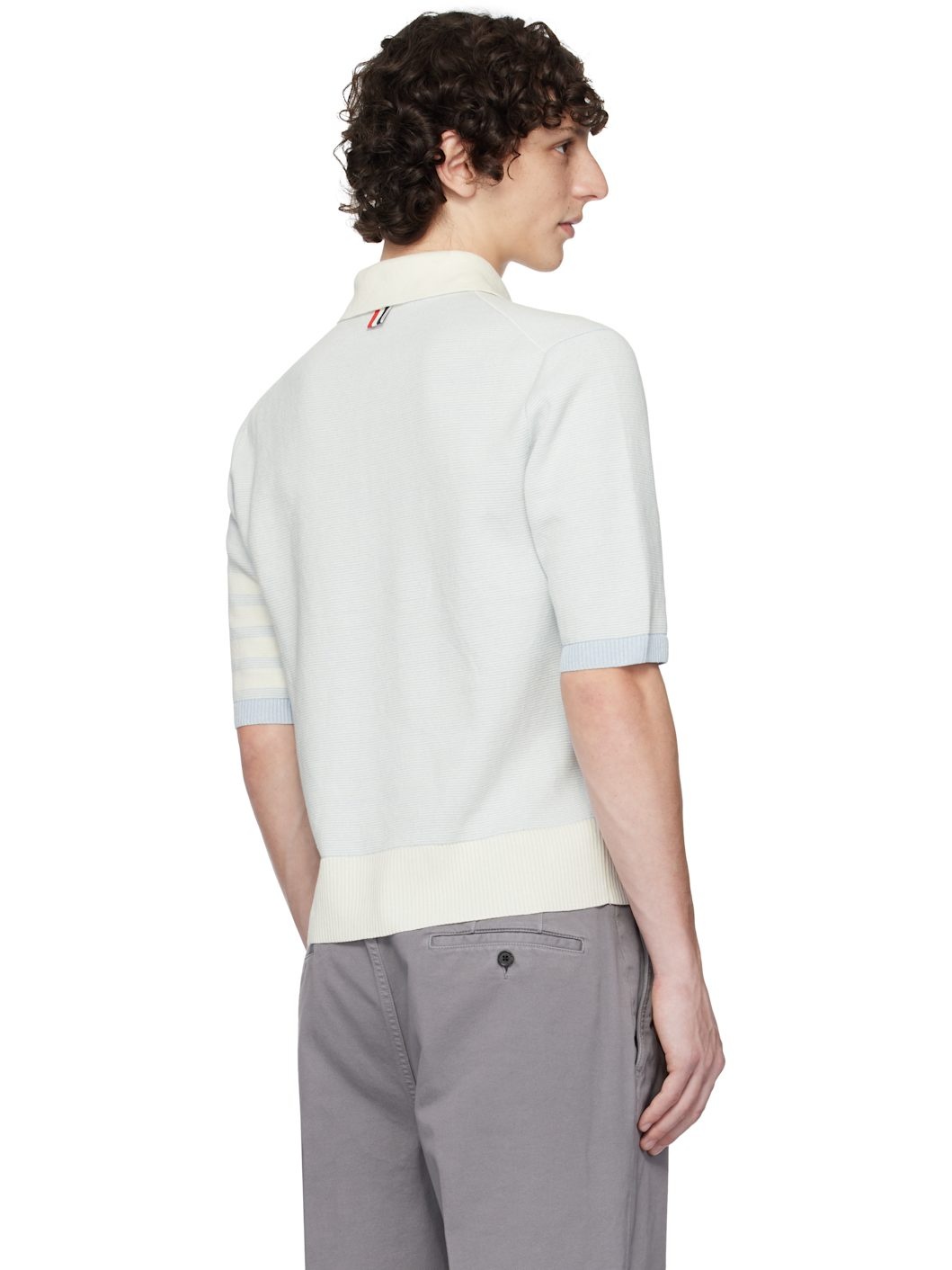 Blue & Off-White Textured Striped Stitch 4-Bar Relaxed Polo - 3