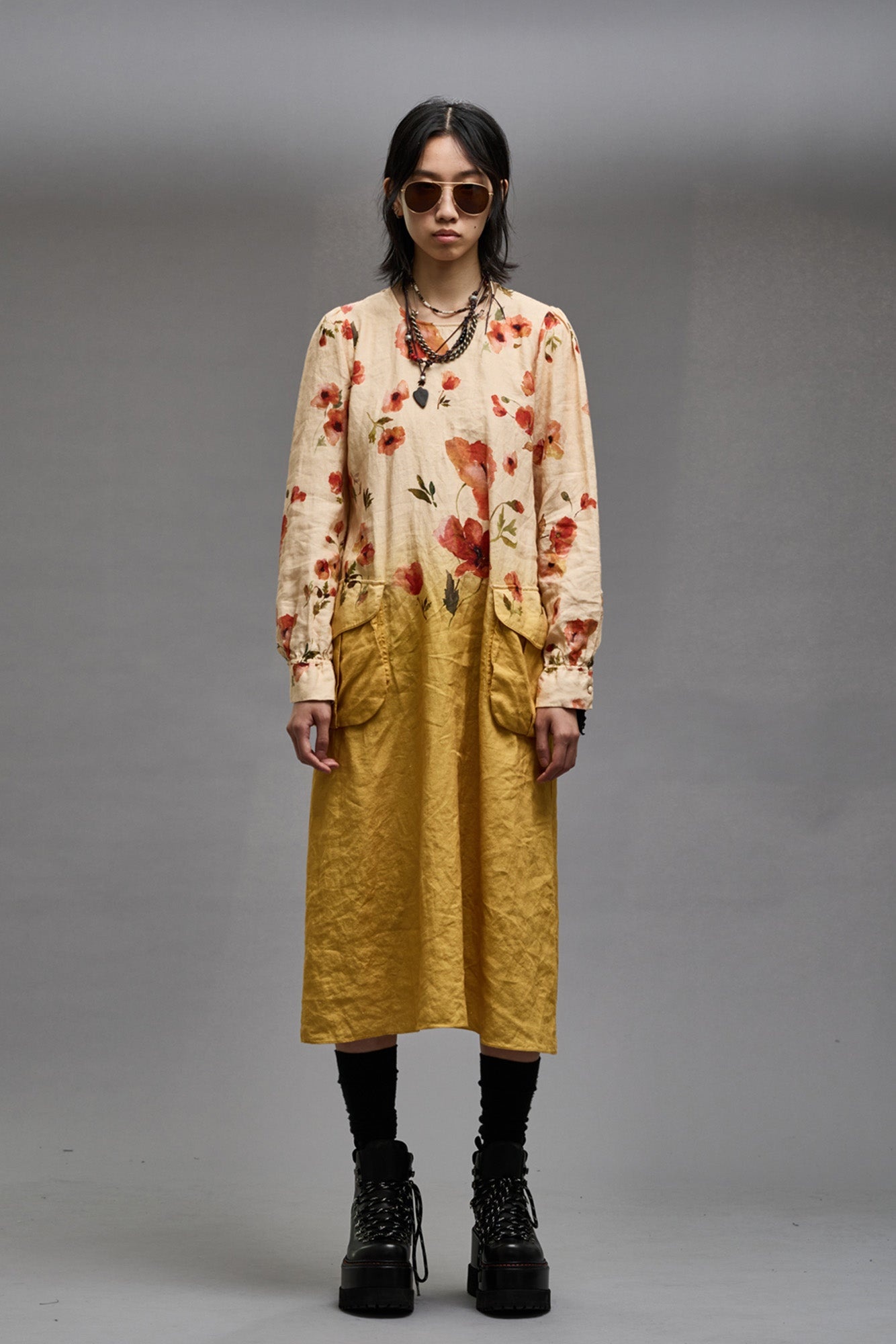 BELLOW POCKET DRESS - YELLOW POPPY PRINT - 3