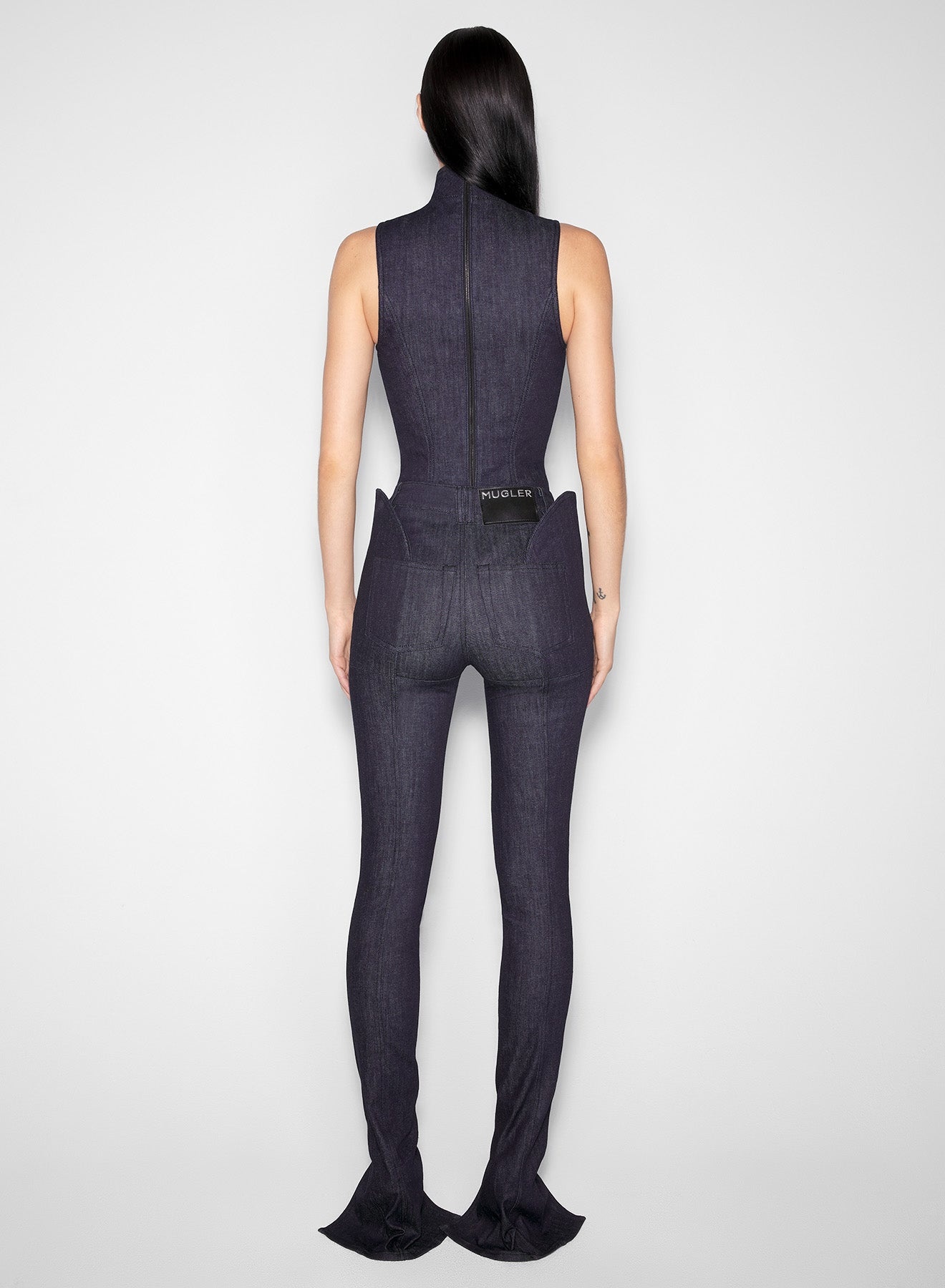 raw denim open neckline bodysuit - 3