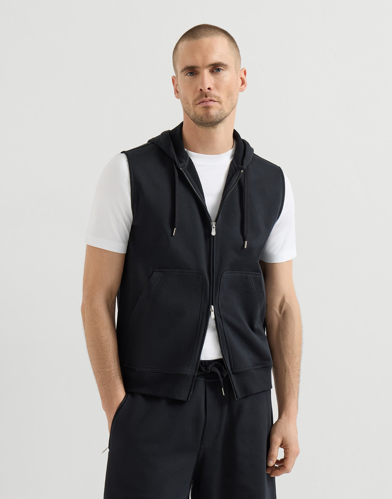 Techno cotton French terry sleeveless sweatshirt with zipper and hood 2