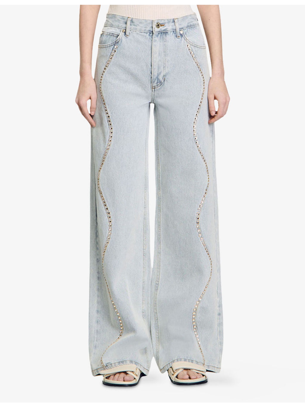 Rhinestone-Embellished Wide-Leg Denim Jeans - 3