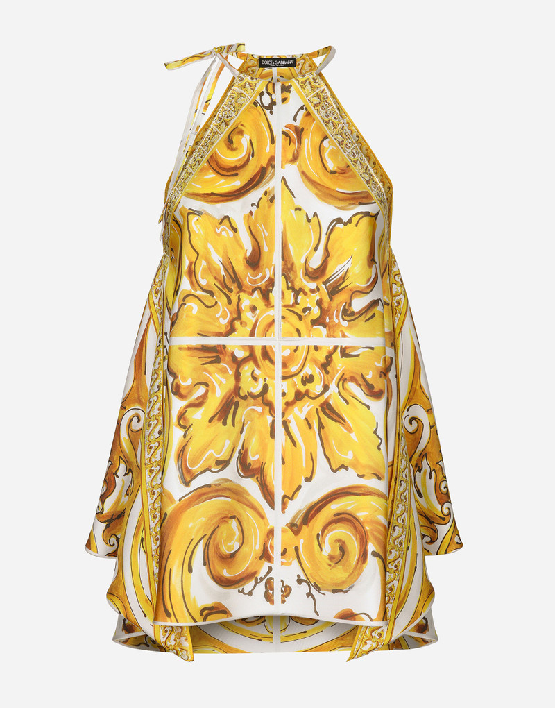Silk twill halterneck top with majolica print - 1