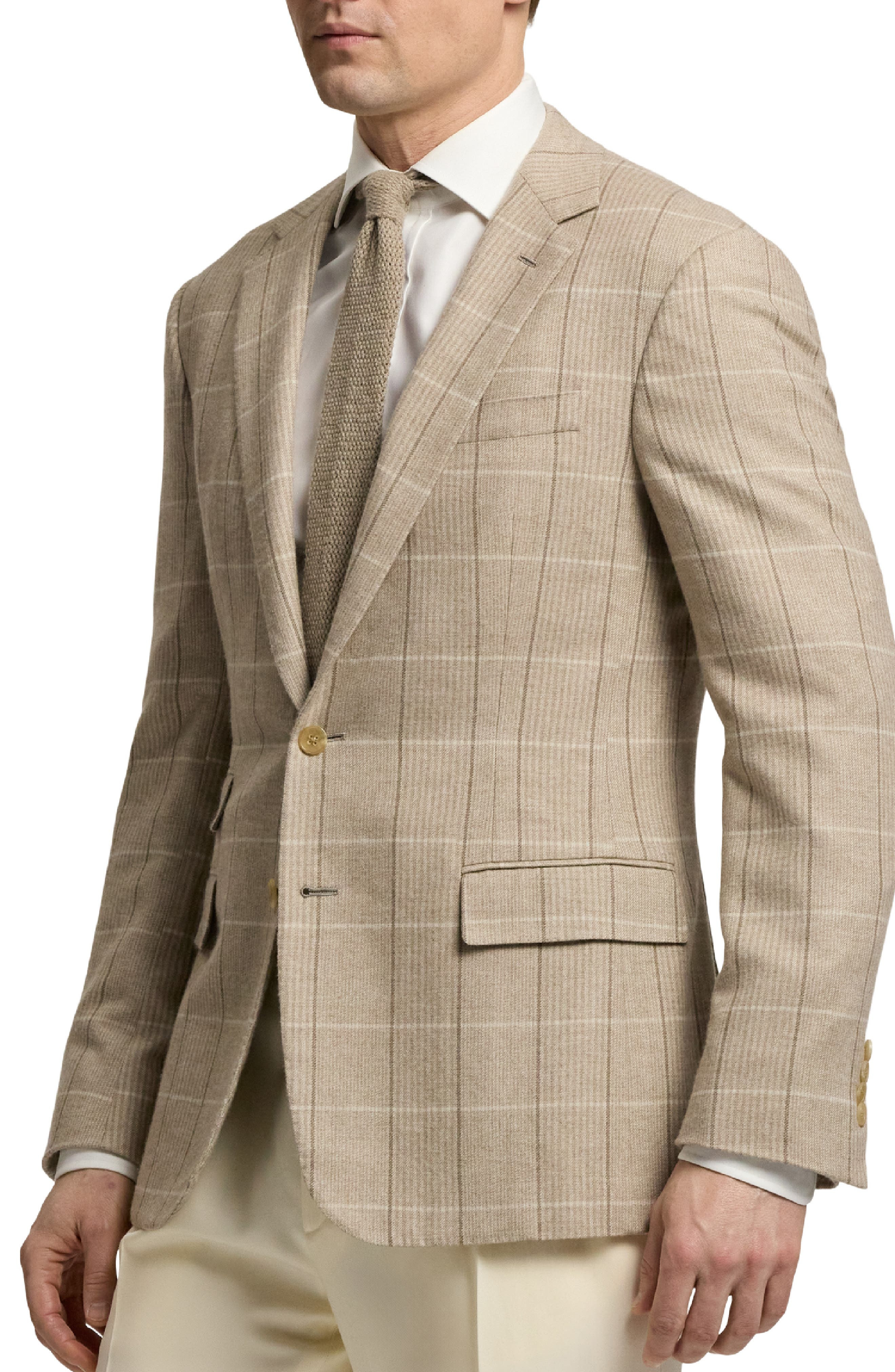Ralph Lauren Purple Label Russel Plaid Wool, Silk & Cashmere Sport Coat in Summer Sand/Truffle at No - 3