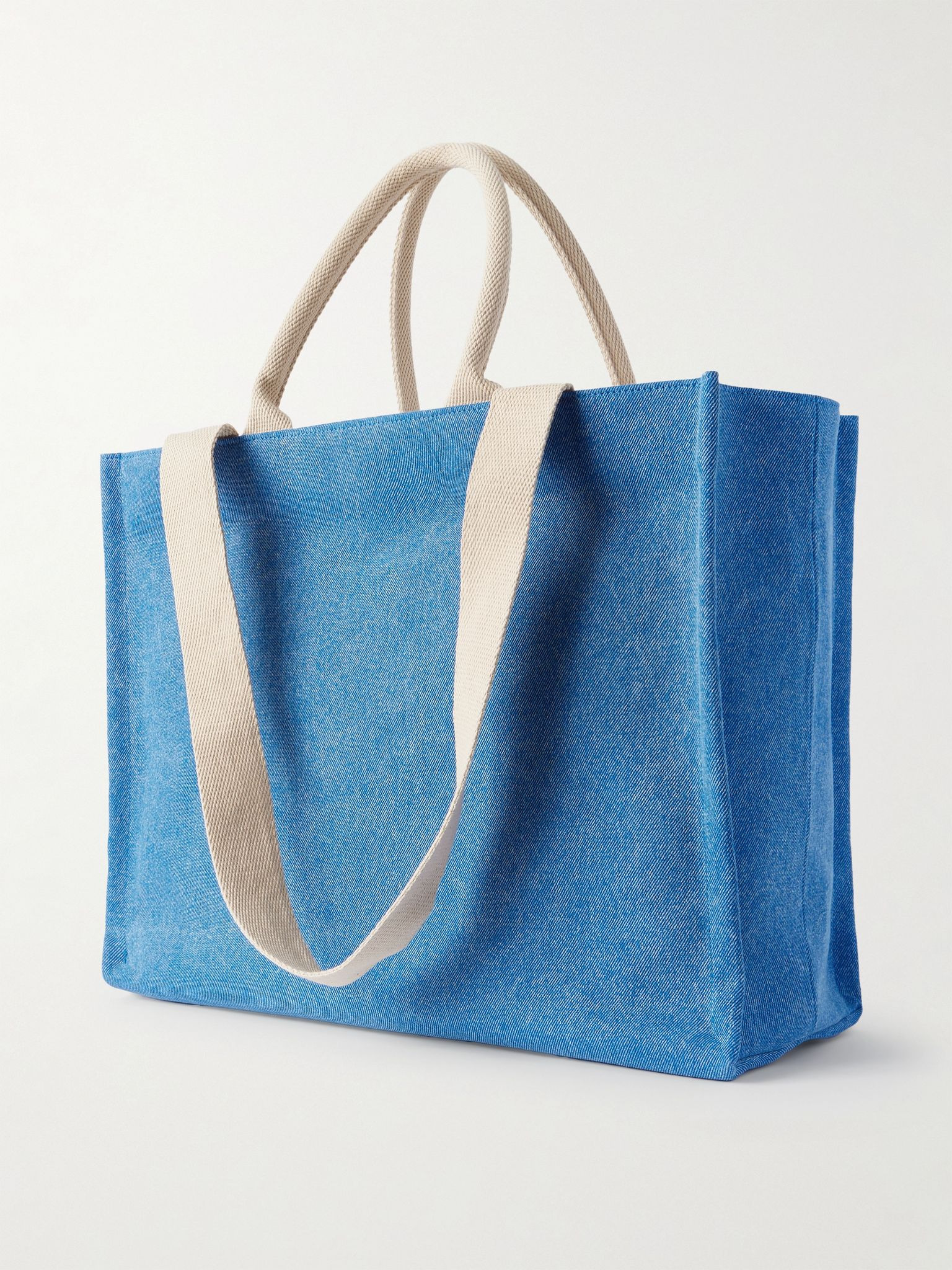 Logo-Embroidered Webbing-Trimmed Stonewashed Denim Tote Bag Blue - 3