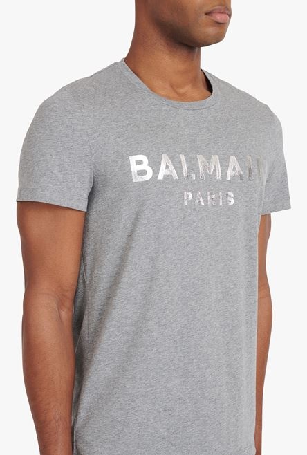 Heather gray eco-designed cotton T-shirt with silver Balmain Paris logo - 6