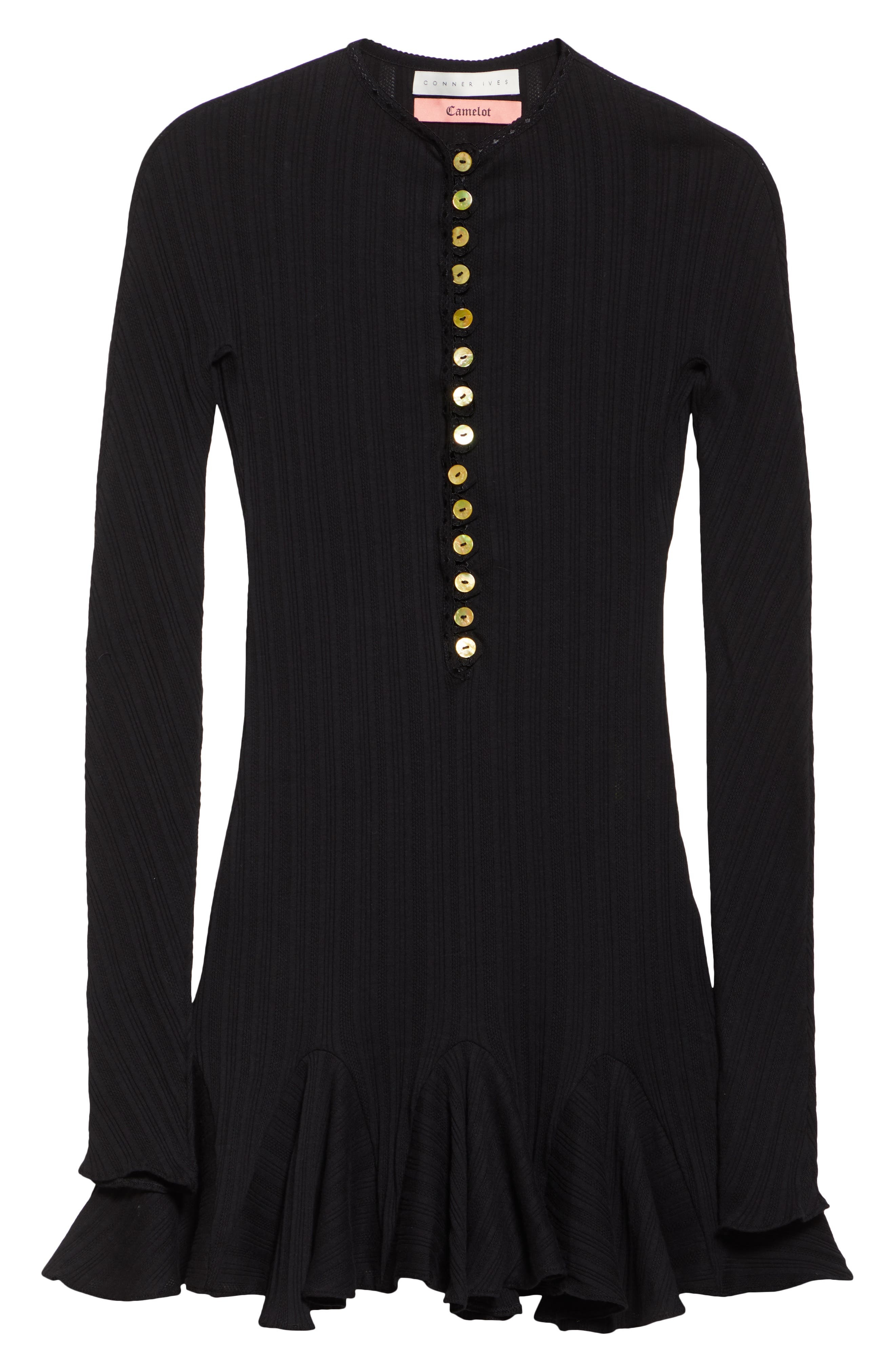 CONNER IVES The Pointelle Henley Long Sleeve Organic Cotton Minidress in Black at Nordstrom - 5
