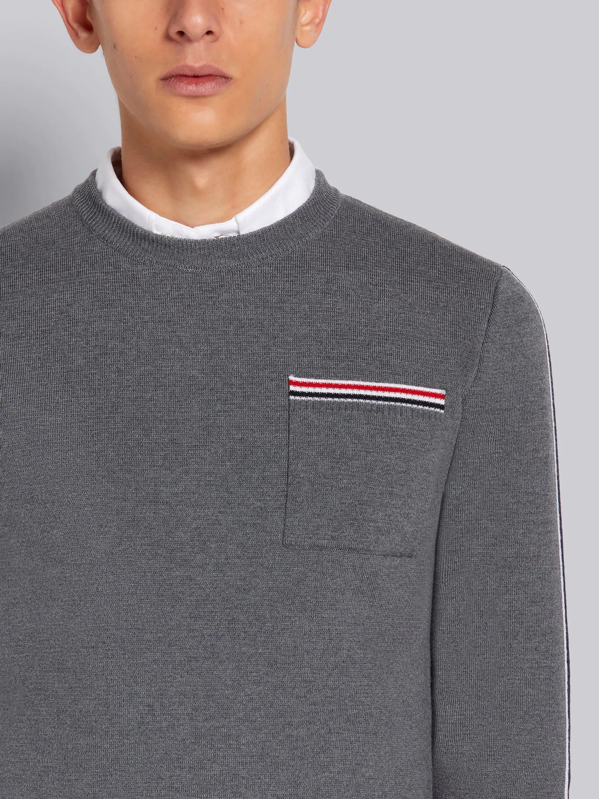 Medium Grey Fine Merino Wool Intarsia Stripe Milano Stitch Crew Neck Pullover - 5