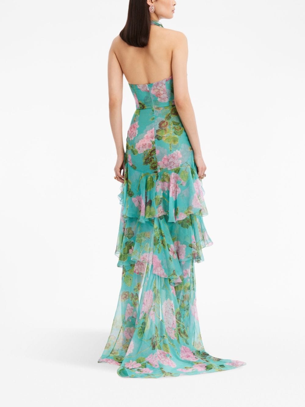 Geranium-print ruffled chiffon gown - 4
