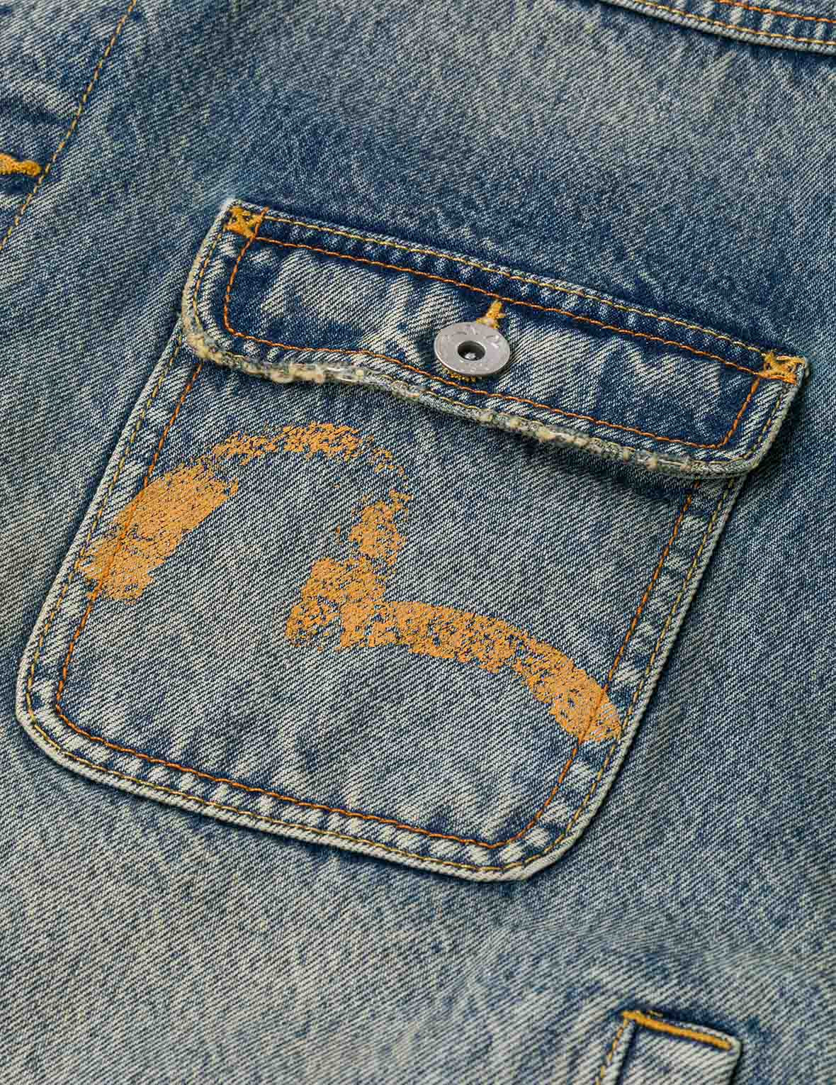 Distressed Seagull Print and Frayed Logo Patch Embroidery Relax Fit Denim Jacket - 7