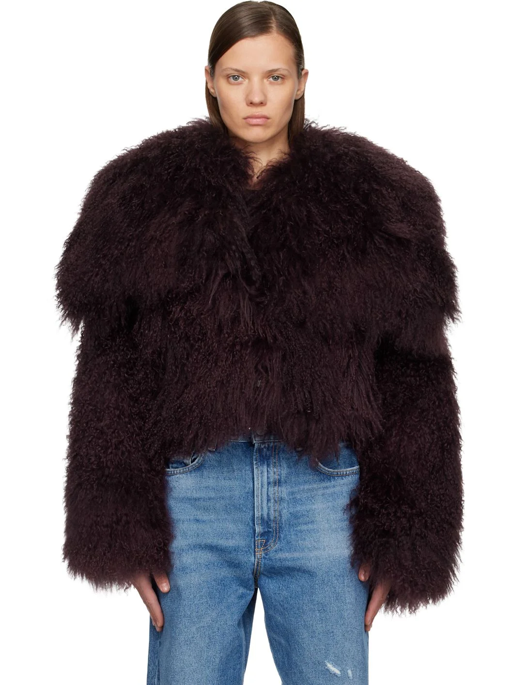 Burgundy Shearling Bomber Jacket - 1