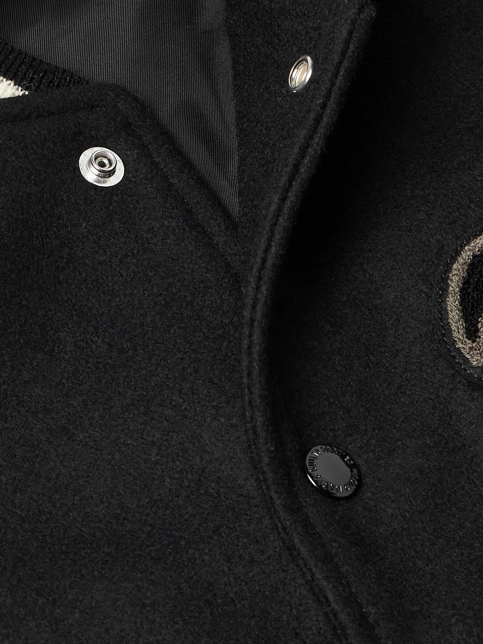 Leather-Panelled Striped Appliquéd Wool-Blend Varsity Jacket Black - 4