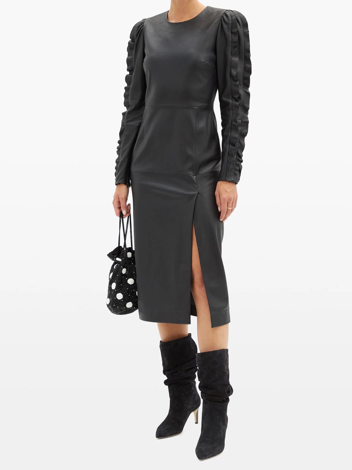 Ruffled-sleeve leather dress - 2