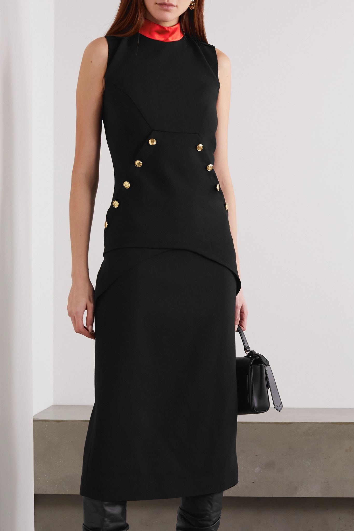 Button-embellished satin-trimmed wool-crepe midi dress - 3