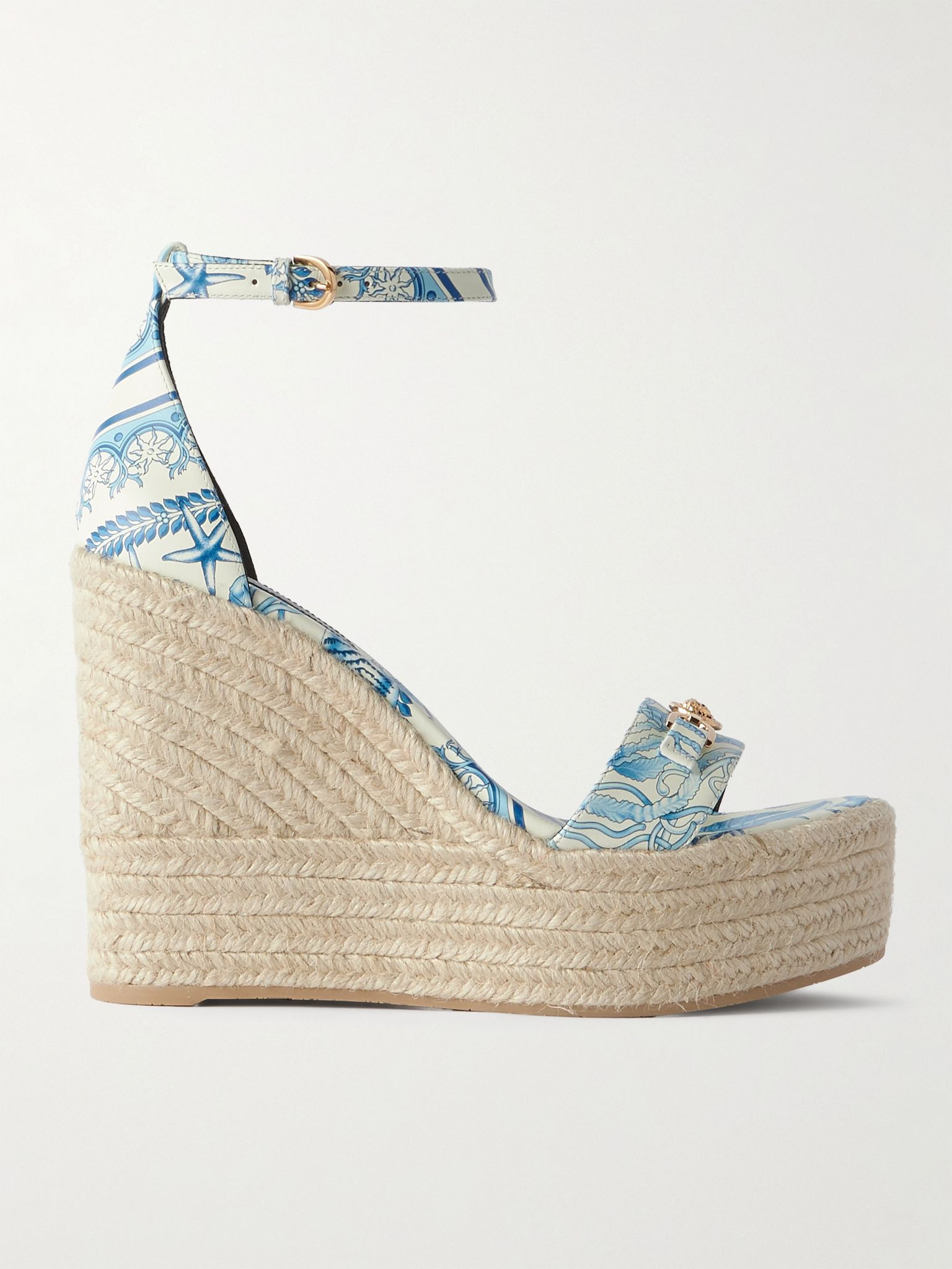 Embellished printed leather espadrille wedge sandals Blue - 1
