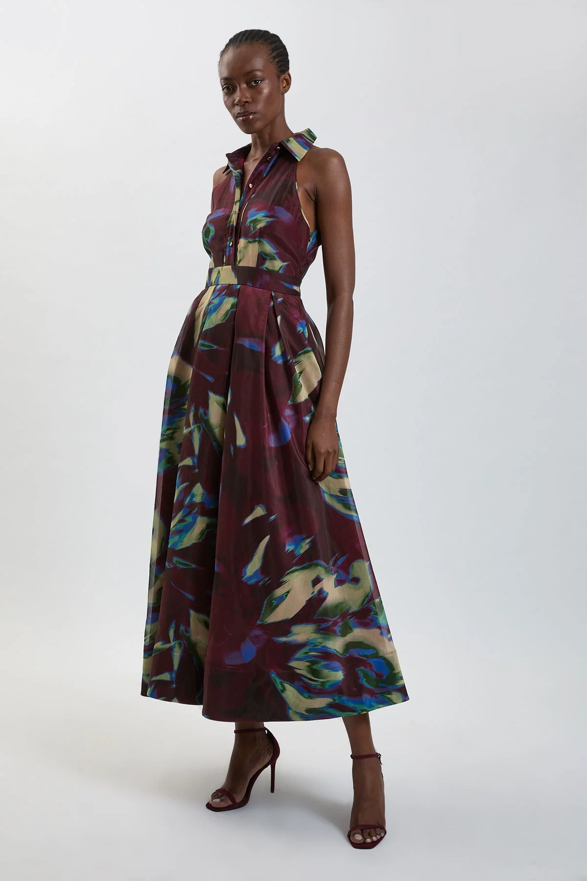 Abstract Print Organza Collared Maxi Dress - 1