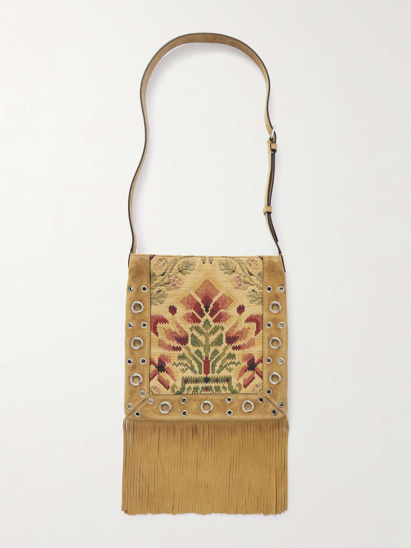 Nellcôte fringed studded eyelet-embellished jacquard and suede tote Multi - 3