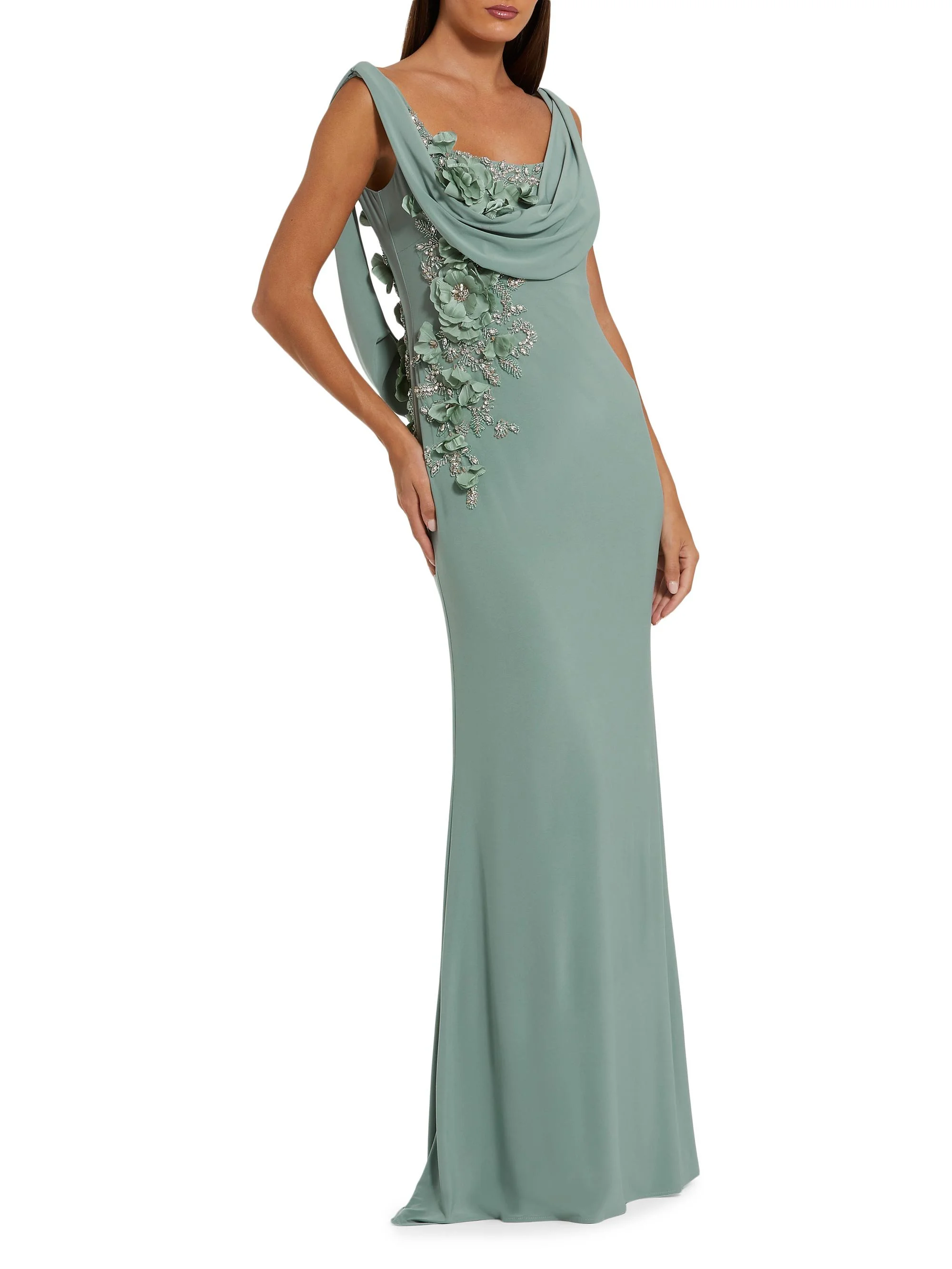 Women's Evening Beaded Jersey Sleeveless Gown - Sage - 1