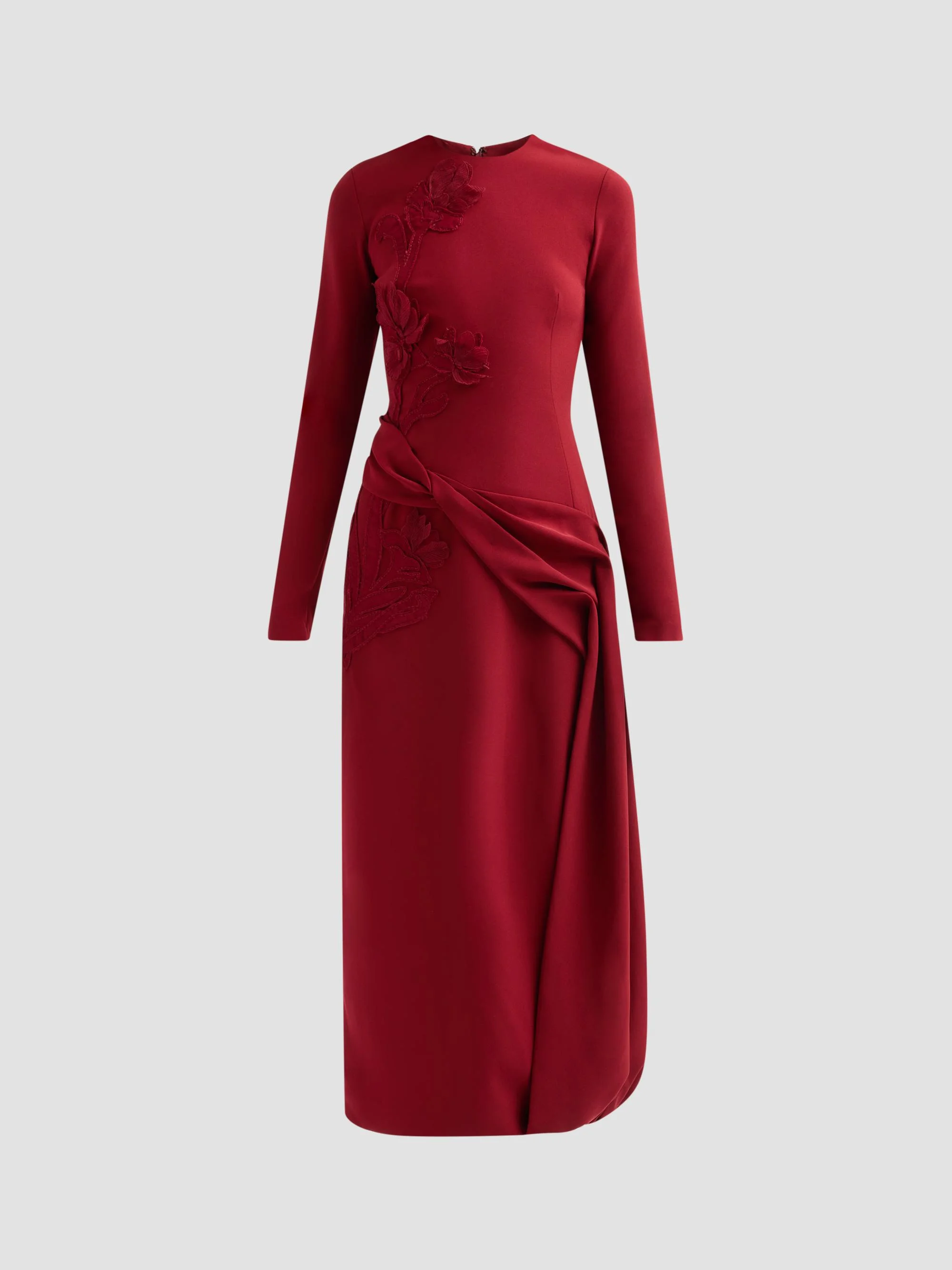 Women's Floral Organza Embroidered Crepe Dress - Wine - 1