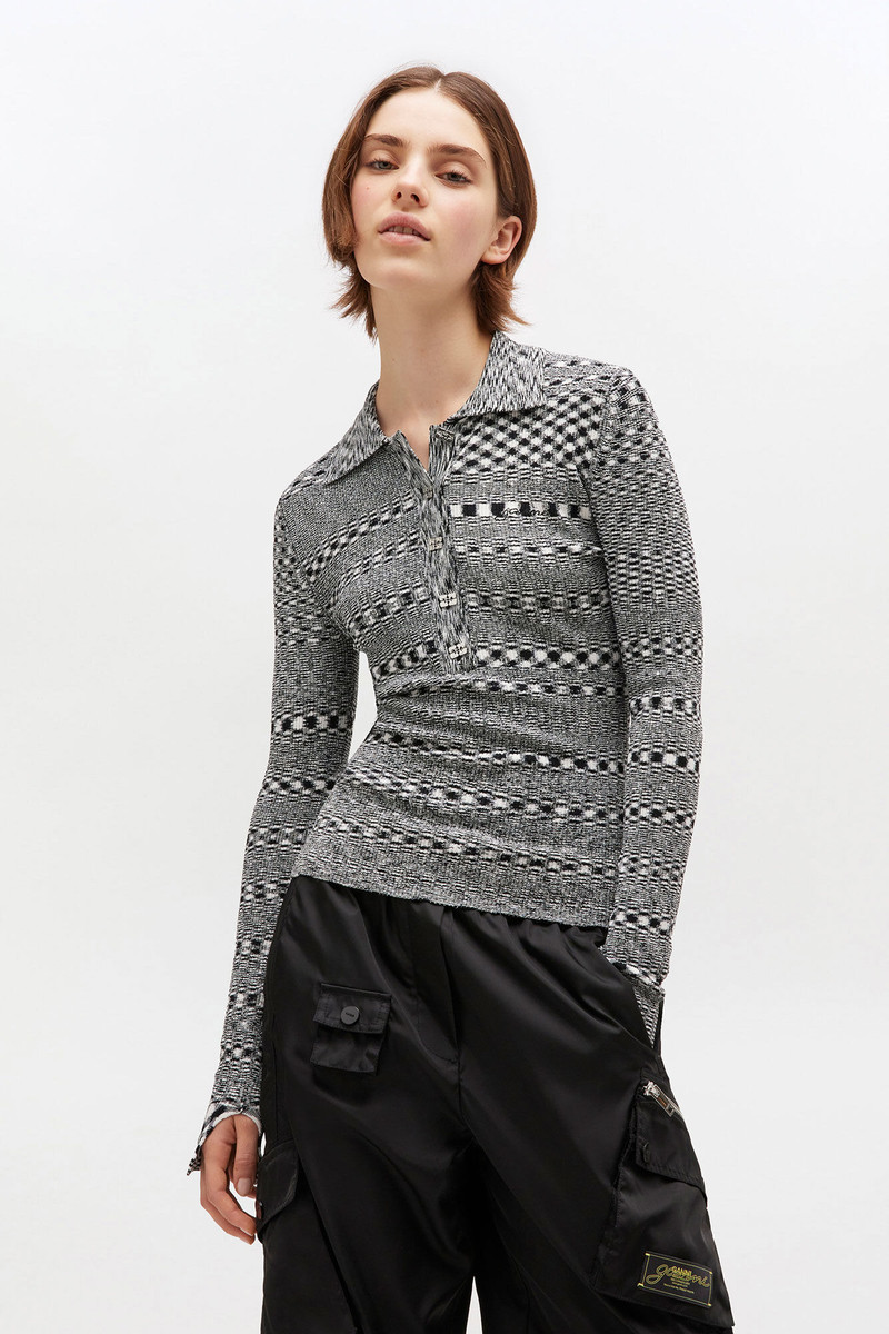 GANNI GREY STRIPED KNITTED POLO SHIRT outlook
