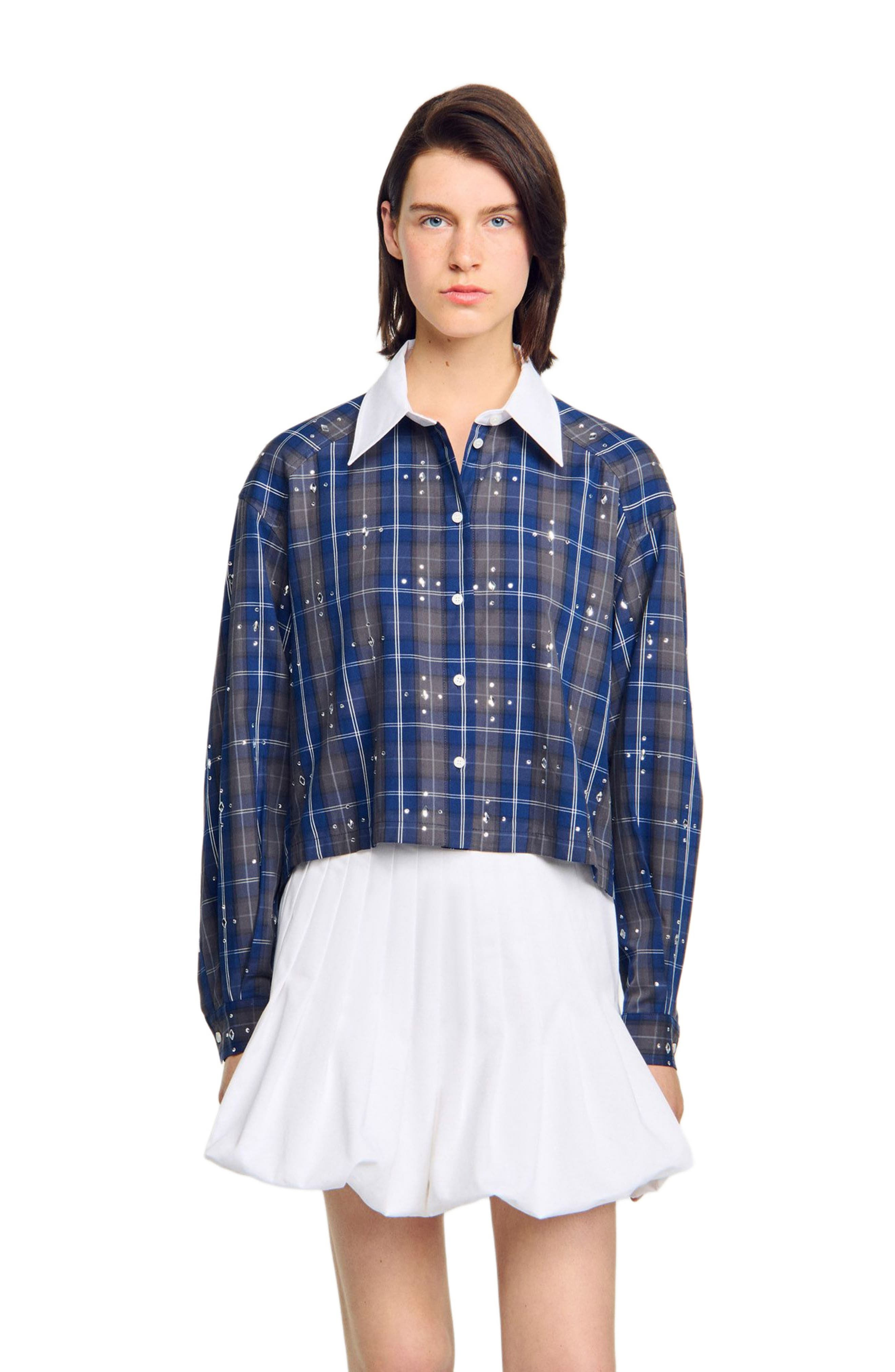 SANDRO Rhinestone checkered collar shirt in Blue at Nordstrom - 3