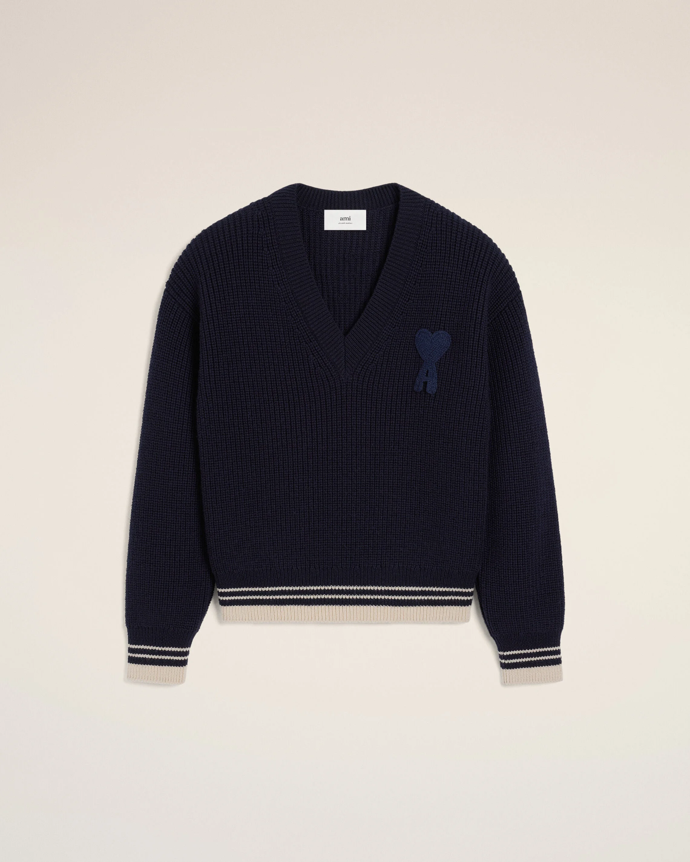 NAVY WOOL RIBBED V NECK SWEATER - 1