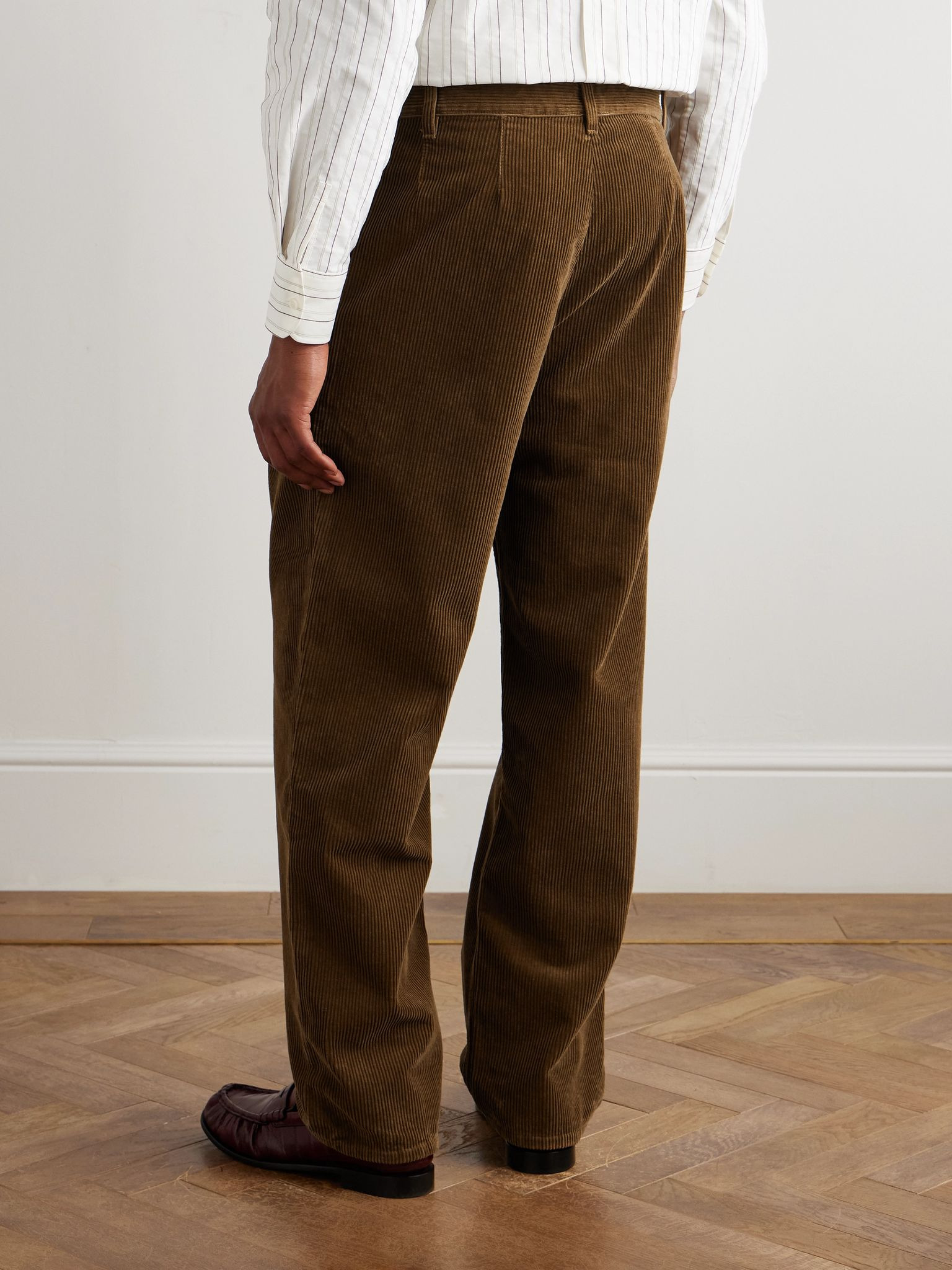 Straight-Leg Pleated Cotton-Corduroy Trousers Brown - 3
