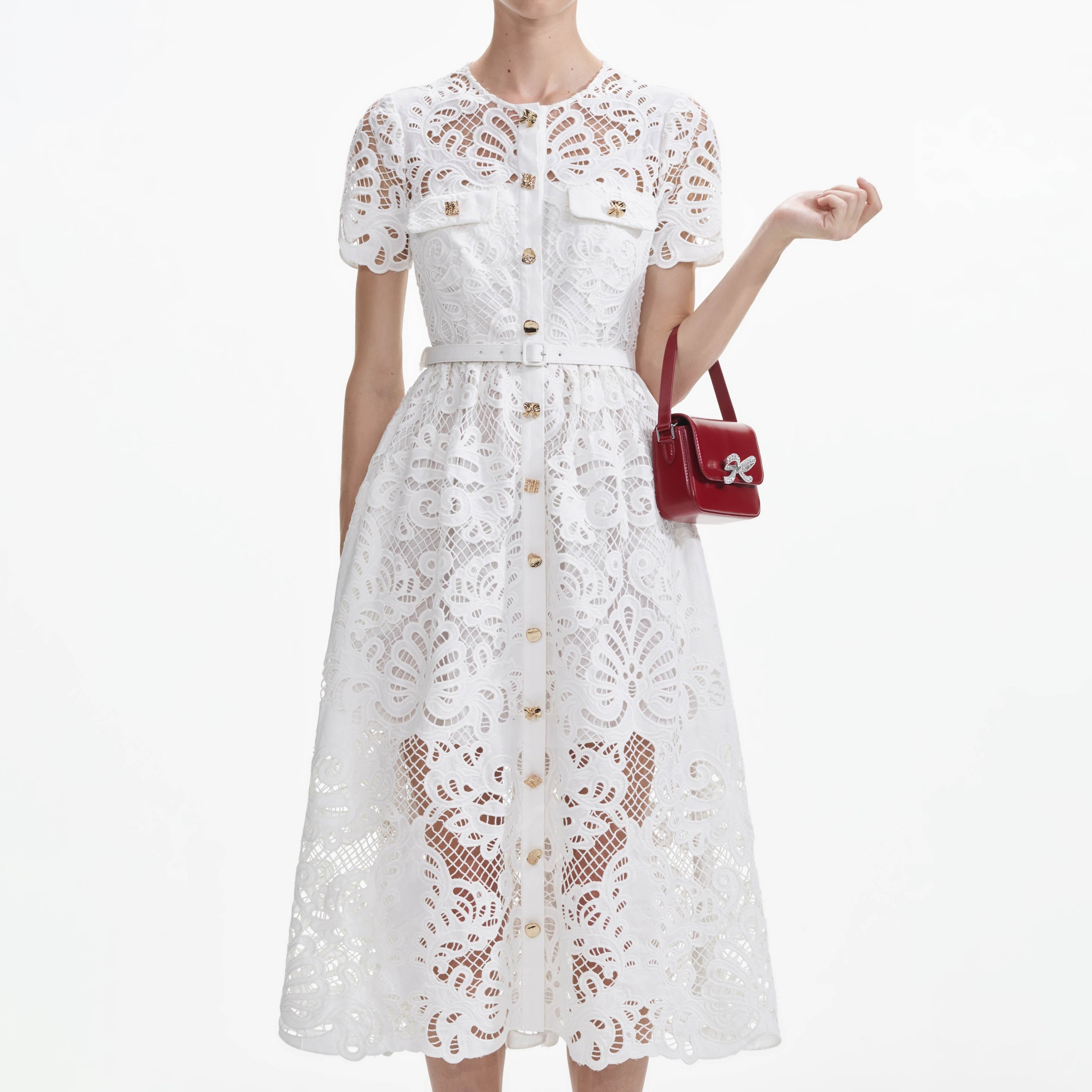 【BAON】Senredo Lace Button Midi One Piece self-portrait White Cotton Lace Button Midi Dress | REVERSIBLE