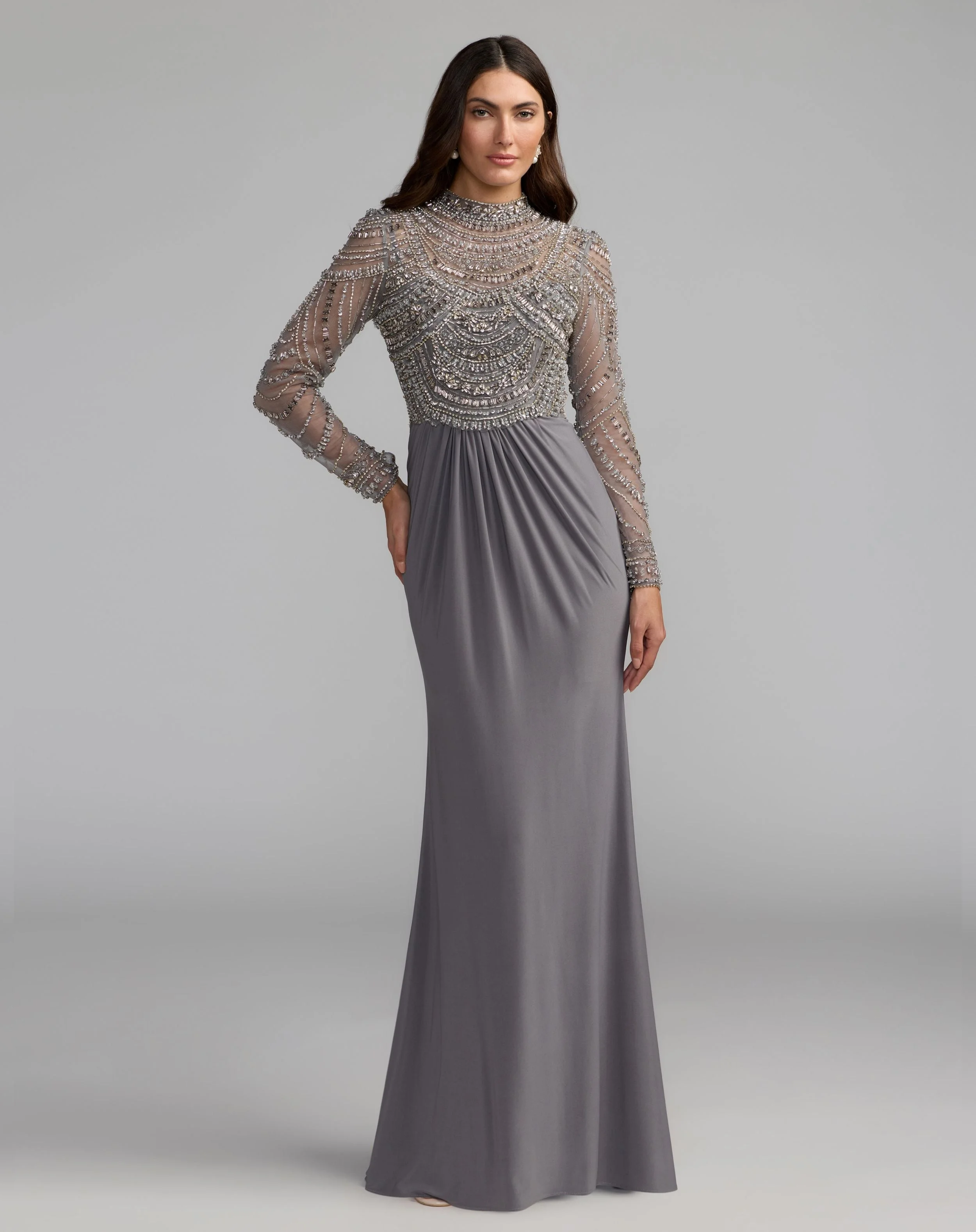 Platinum Beaded Jersey Mock Neck Long Sleeve Gown - 1