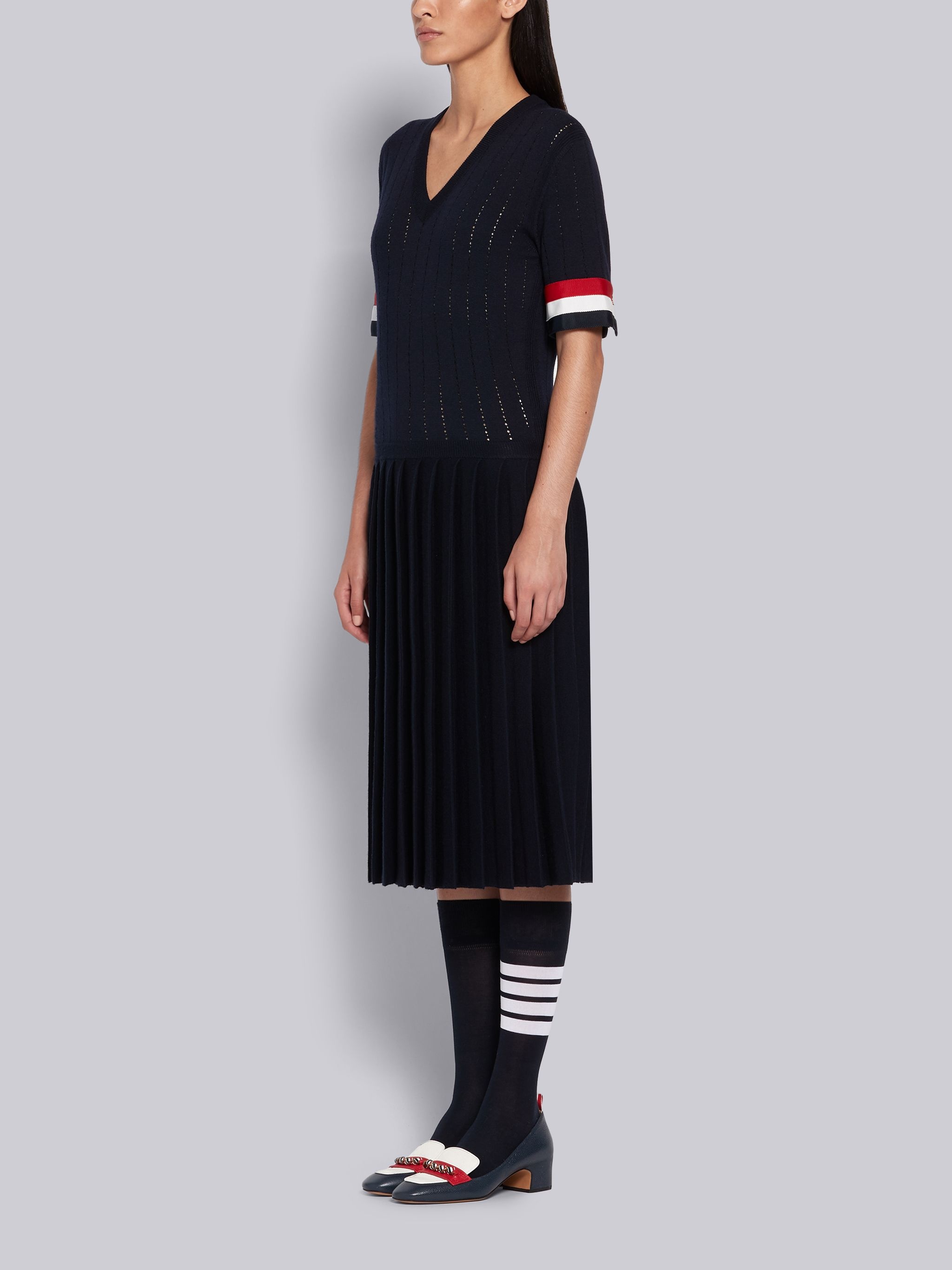 Navy Merino Wool RWB Cuff V-Neck Pleated Dress - 2
