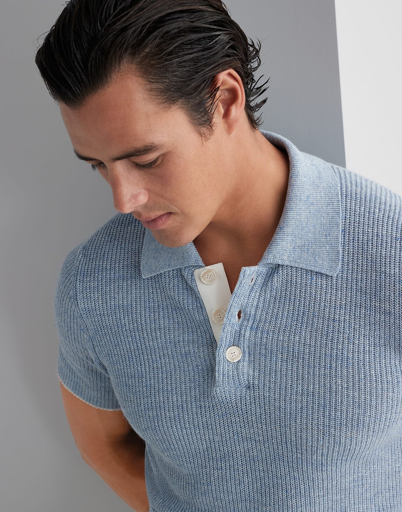 Linen and cotton half English rib knit polo with contrast detail 3