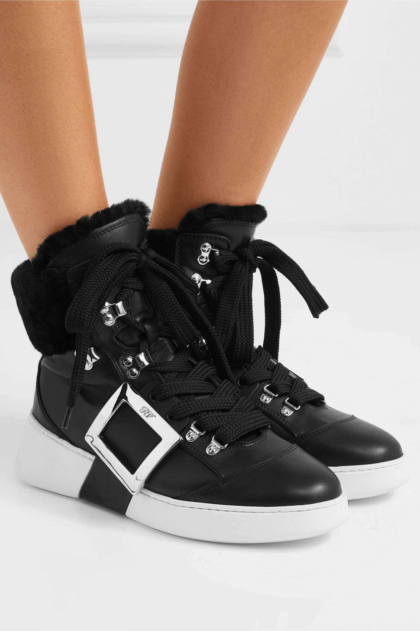 Skate embellished shearling-trimmed leather sneakers - 2