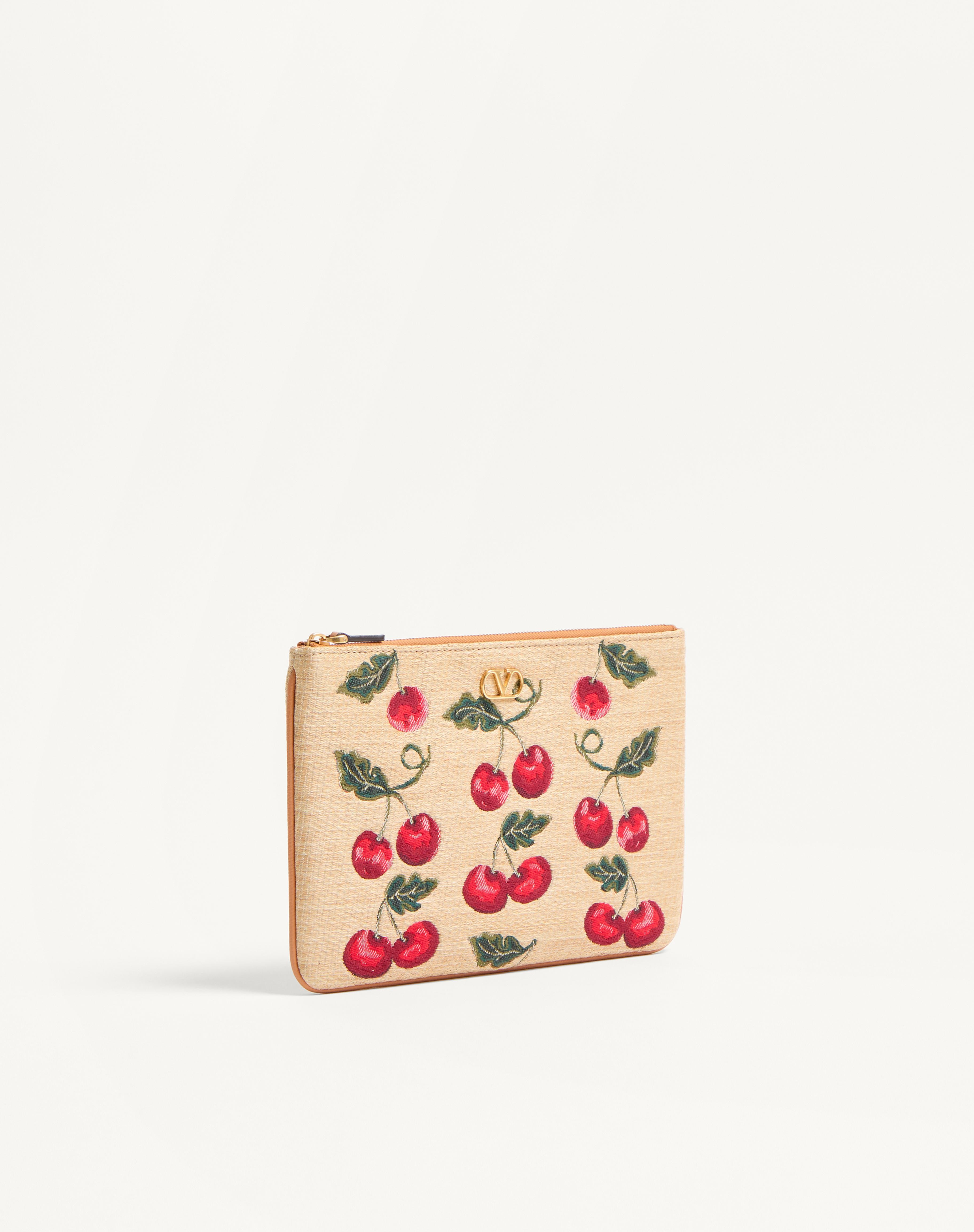 VLOGO SIGNATURE POUCH IN JACQUARD RAFFIA WITH CHERRY PATTERN - 3