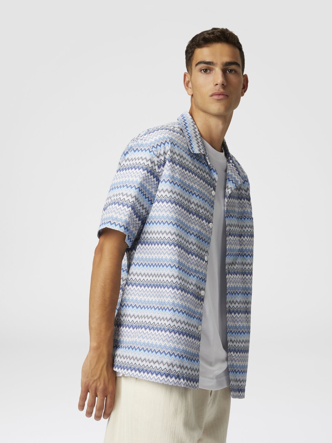 Zig zag cotton poplin bowling shirt with breast pocket - 4