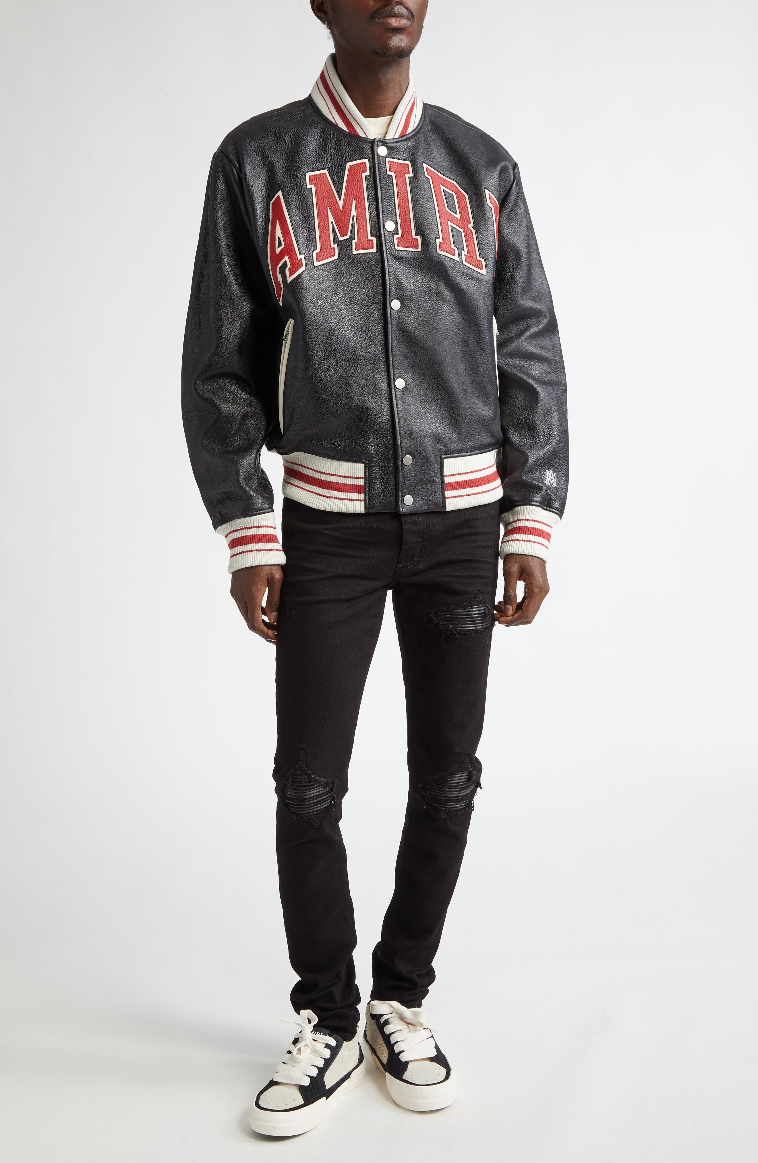 AMIRI MX1 Leather Patch Ripped Skinny Jeans in Black Od at Nordstrom - 2
