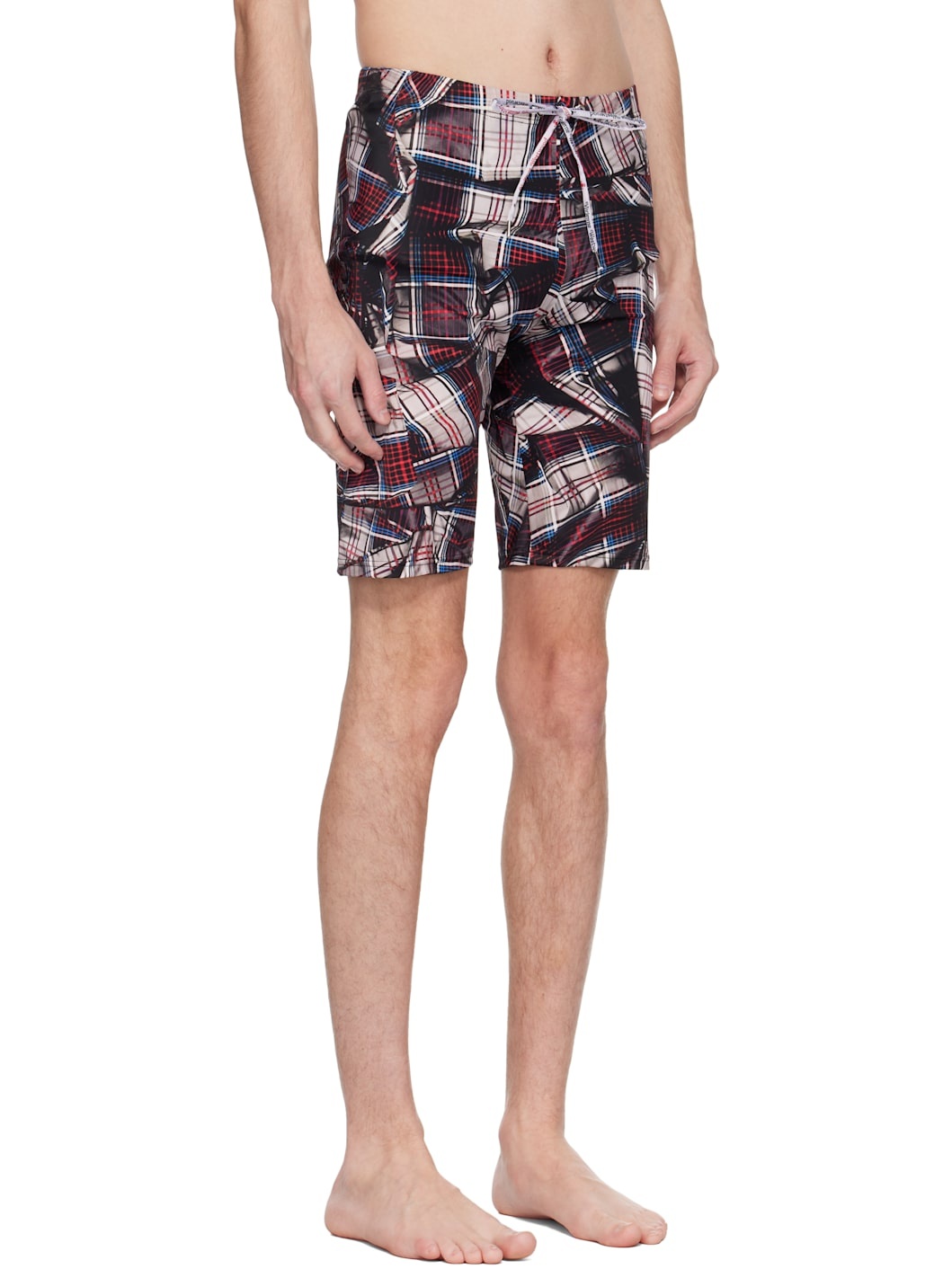 Red & Black Draped Tartan Fitted Swim Shorts - 2