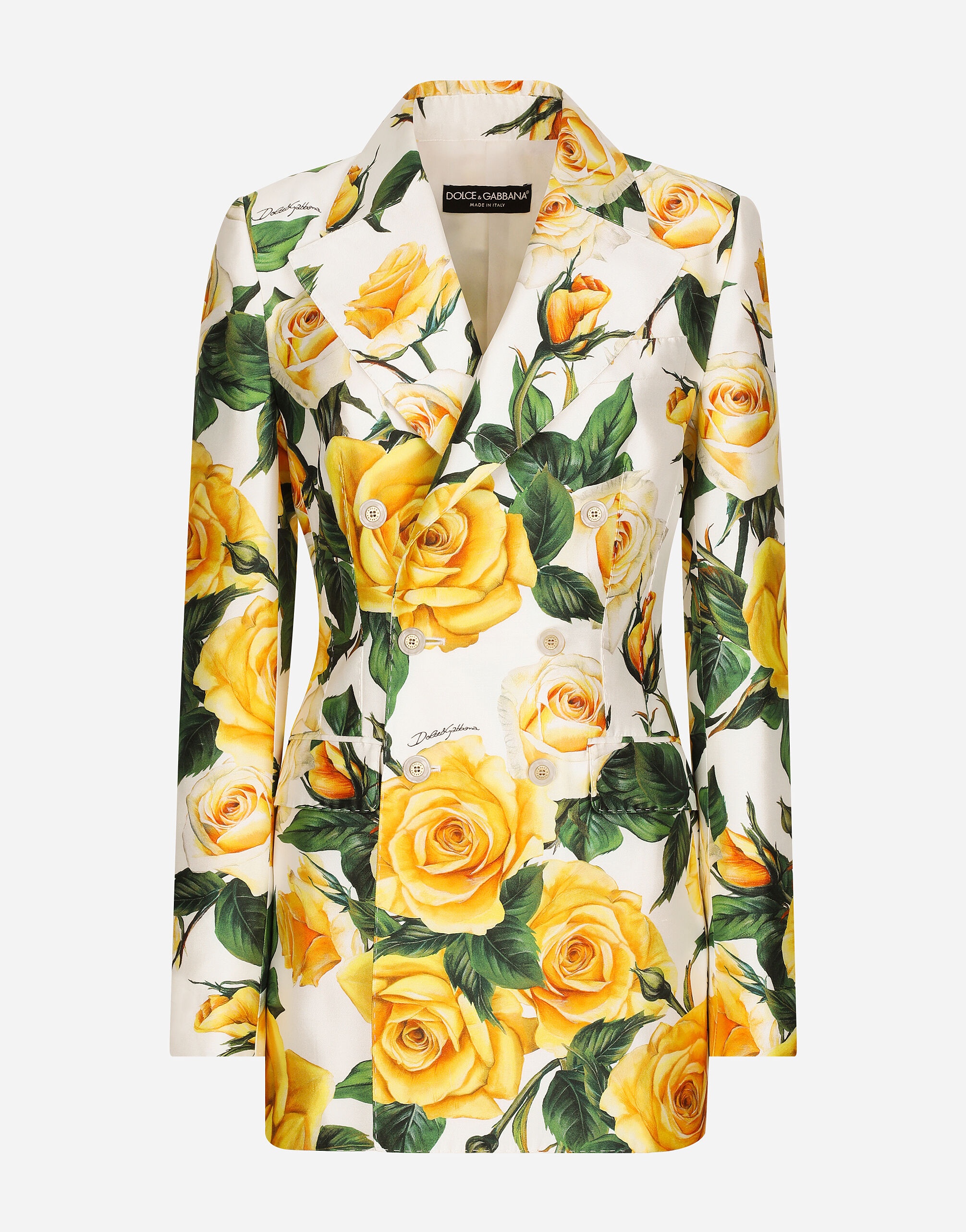 Double-breasted Turlington jacket in yellow rose-print mikado - 1